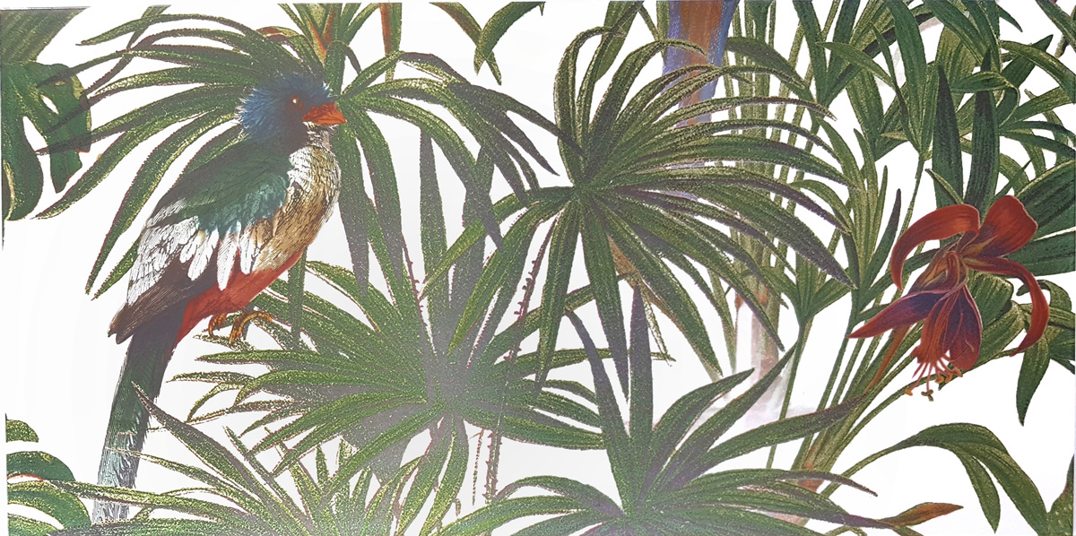 Dekorfliese Jungle Vögel Blumen Farn Wandbild Dschungel Wallpaper Pantanal