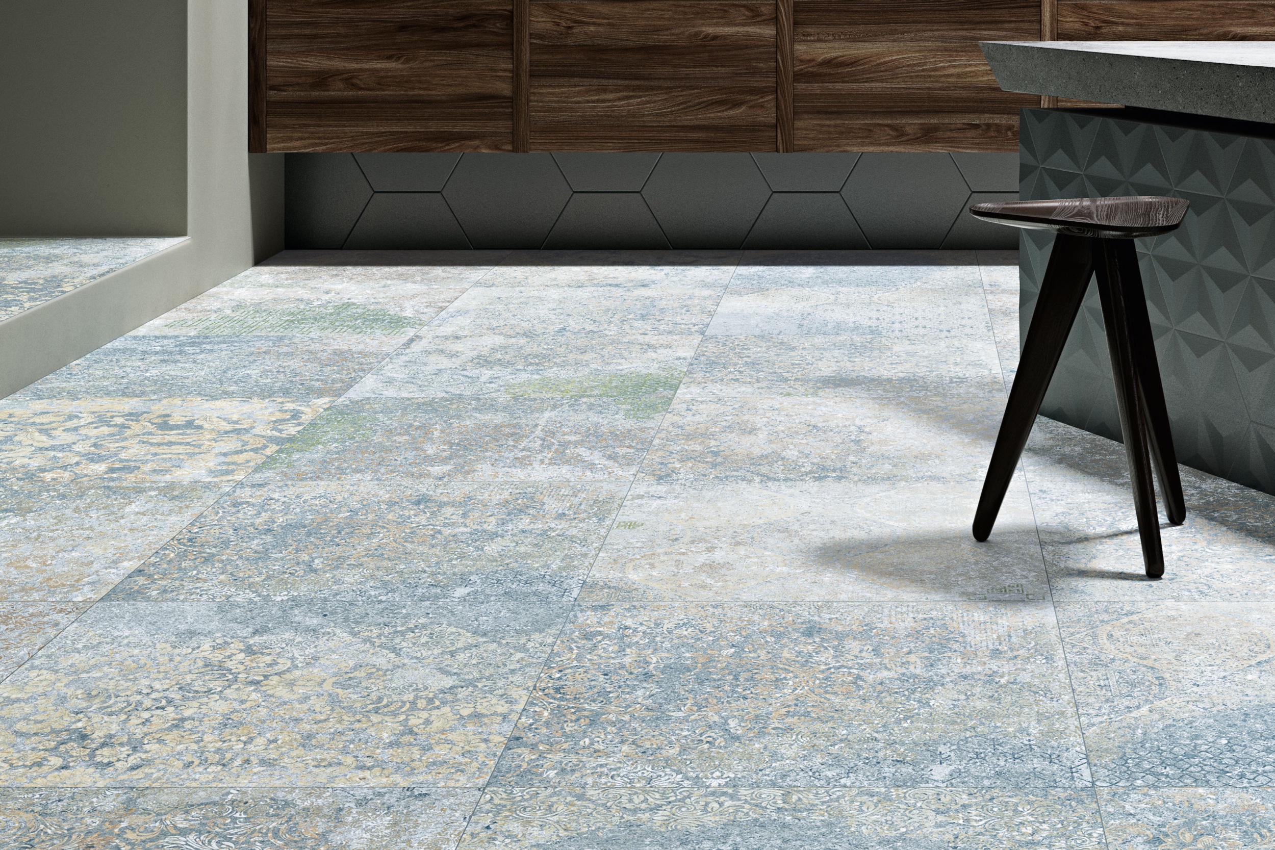 Aparici Fliese Teppichoptik Vintageoptik Bohemian Blue Bodenfliese Wandfliese blau Ambiente Bad