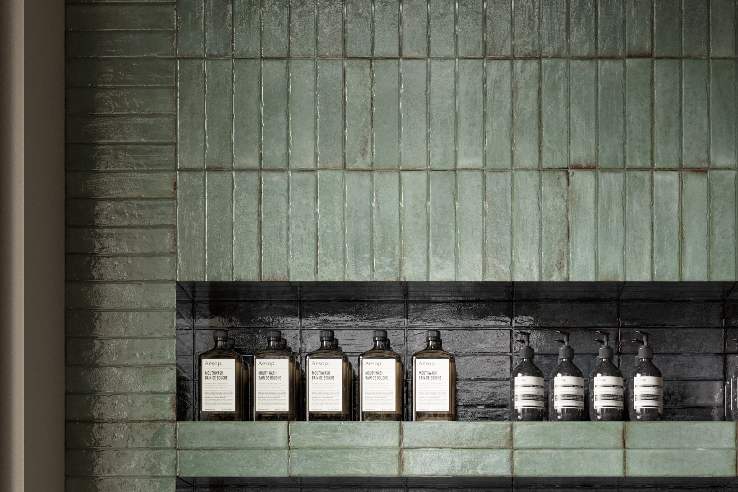 Fliese unregelmäßige Oberfläche 5x20 cm "Tetris Sage" grün-grau glänzend