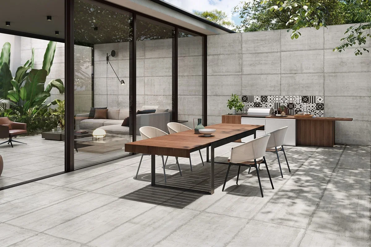 Terrassenplatte Sichtbetonoptik grau 60x120 cm "Form Cement" Feinsteinzeug 2 cm rektifiziert