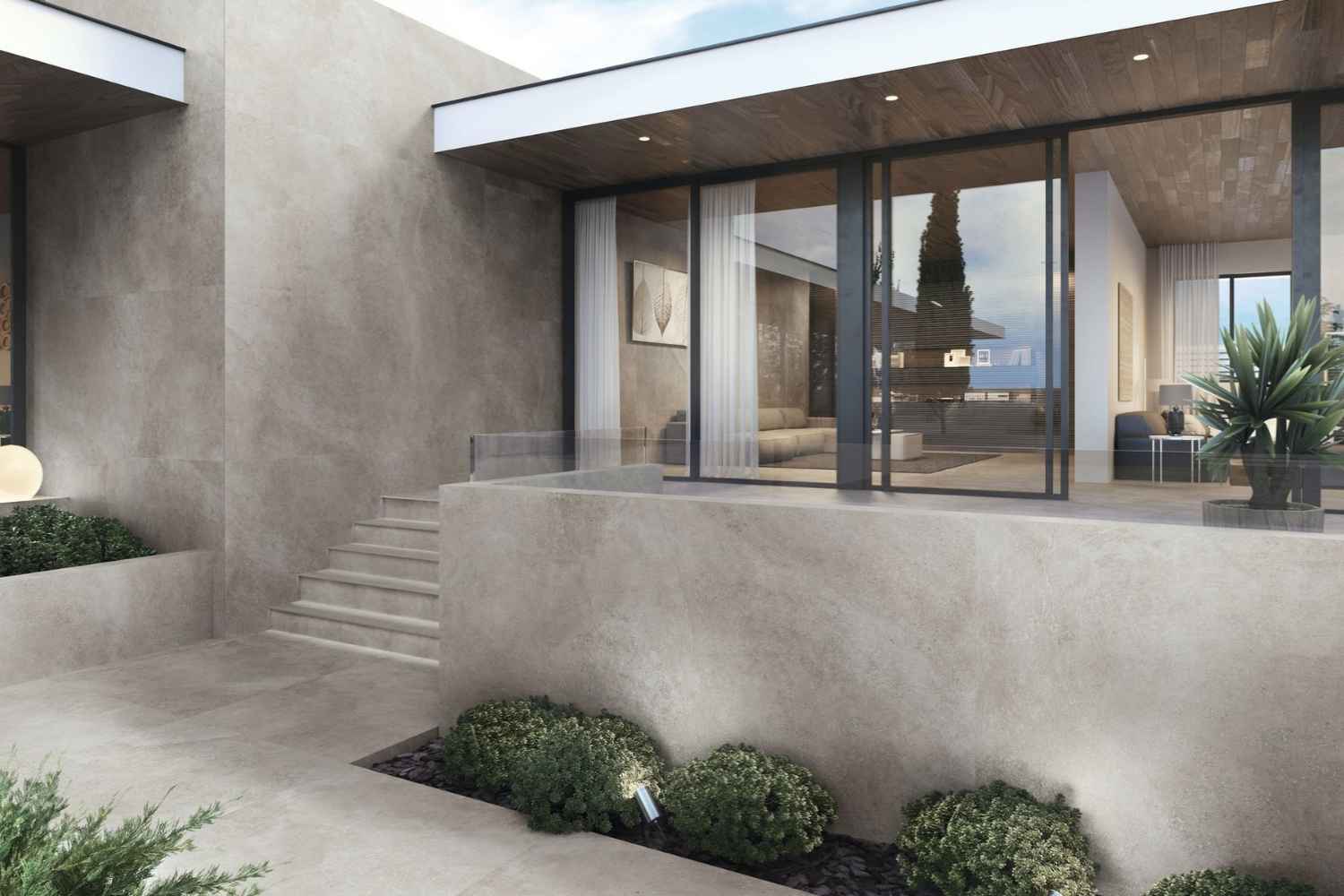 Restposten Fliese Betonoptik mit Terrazzo-Einschlüssen grau-braun 120 x 120 cm "Habitat Taupe"  Feinsteinzeug rektifiziert