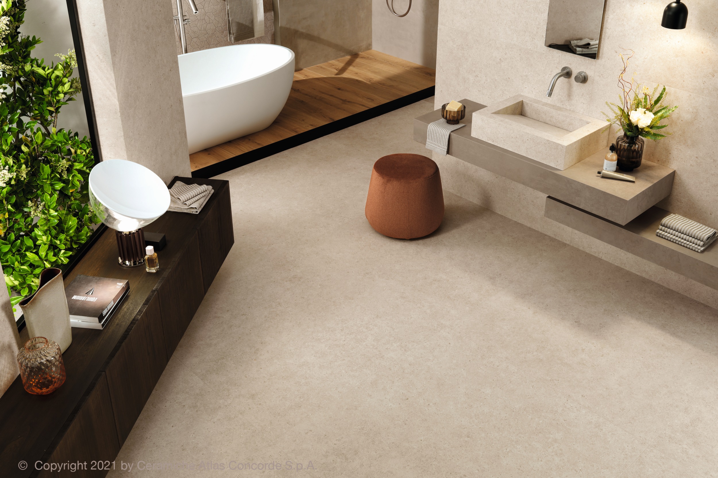 Fliese Steinoptik Atlas Concorde Boost Stone Ivory creme beige im Badezimmer