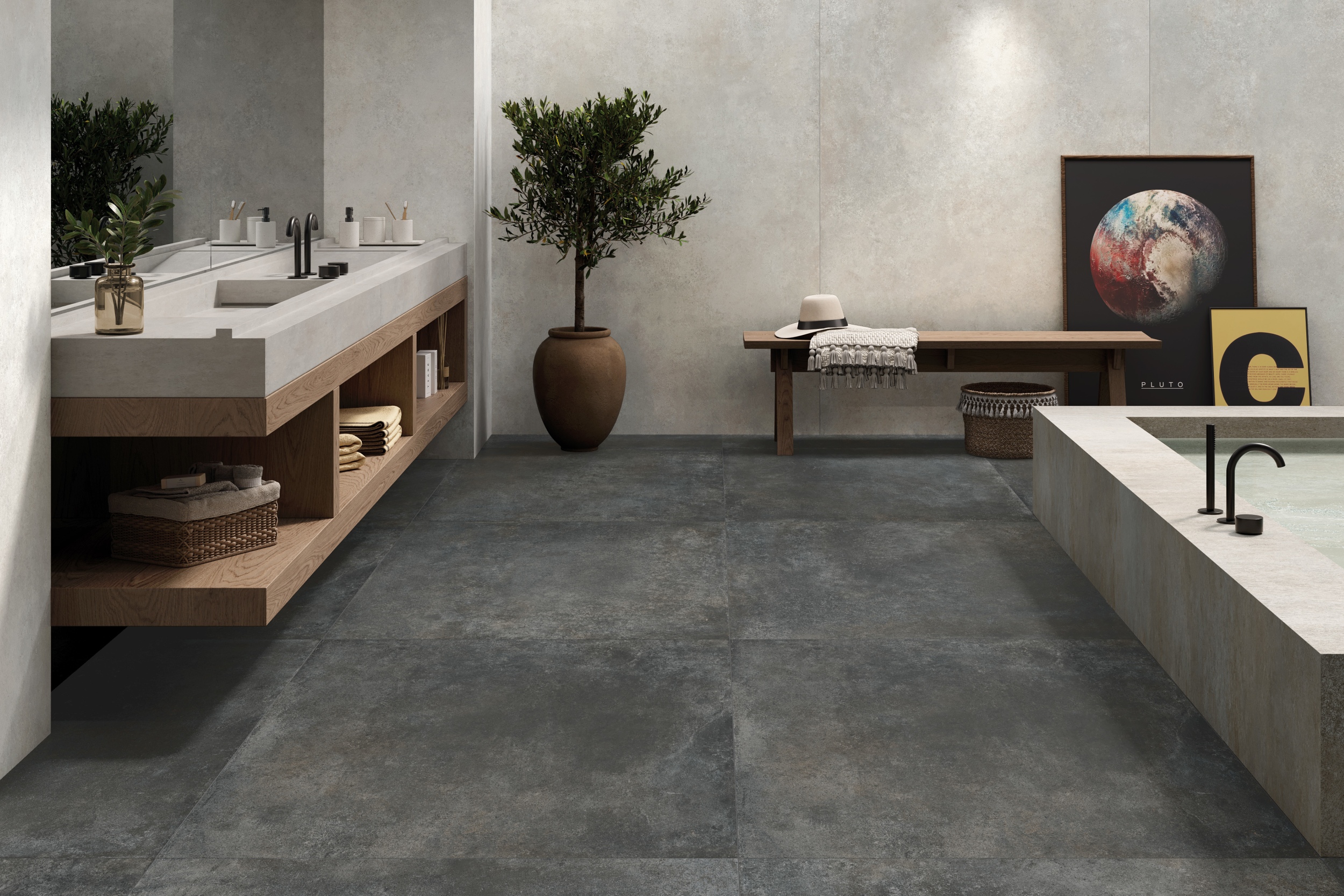 Fliese Betonoptik Ferro Tobacco matt Bodenfliese Wandfliese dunkelgrau braun im Badezimmer