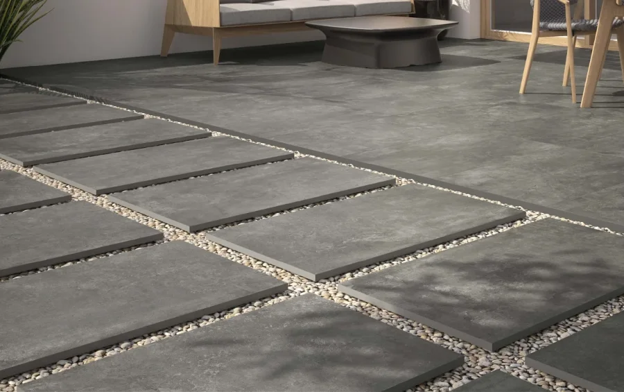 Terrassenplatte Betonoptik anthrazit Ground Marengo Feinsteinzeug grau 60x90 cm