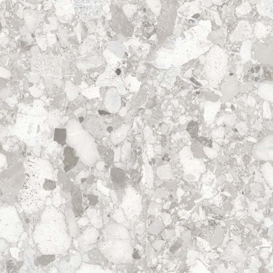 Fliese Terrazzo-Steinoptik hellgrau glänzend 60x60 cm "Veni Pearl" rektifiziert