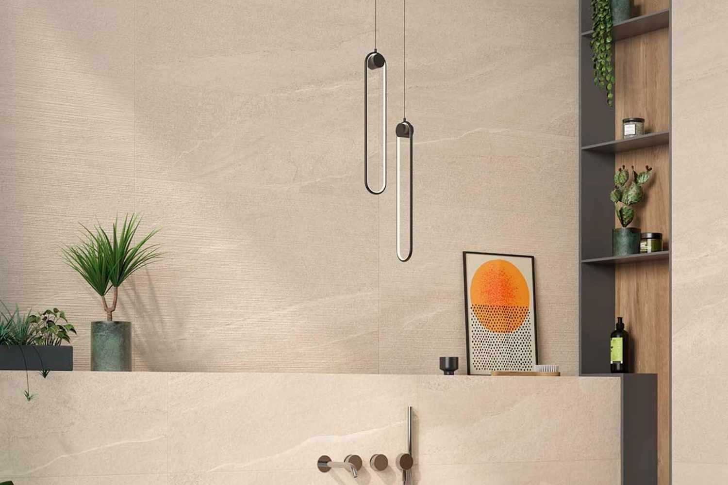 Wandfliese  3D Sandstein-Optik beige 33,3 x 100 cm "Eddystone Arena" Feinsteinzeug rektifiziert