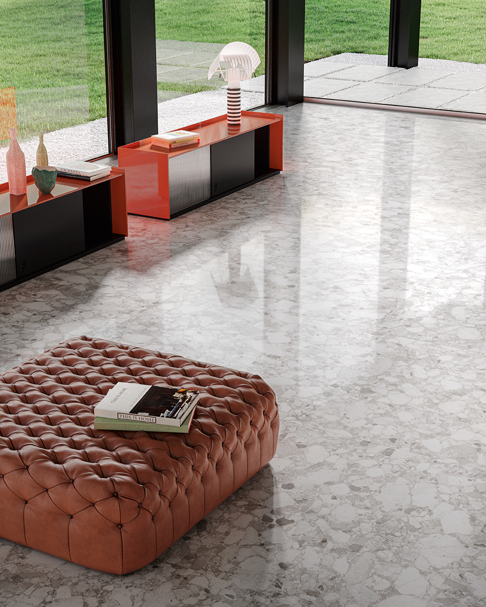 Fliese Terrazzo-Steinoptik weiß glänzend kalibriert Veni Pearl Sant Agostino