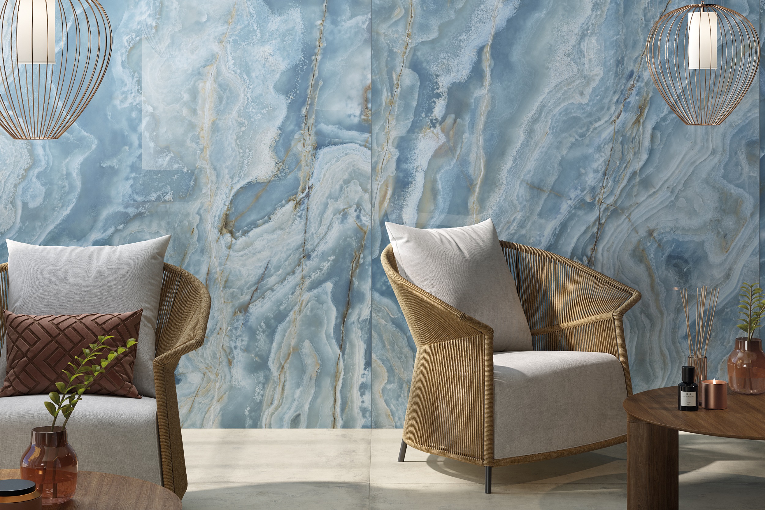 XXL-Fliese Marmoroptik Onice Iride Cobalto 120x280 cm türkis blau Großformat-Fliese La Fabbrica