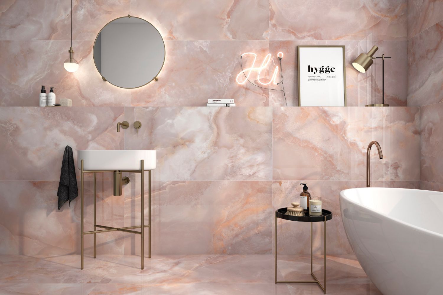 Fliese Marmoroptik rosa glänzend 60x120 cm "Onix Coral" Achatoptik rektifiziert