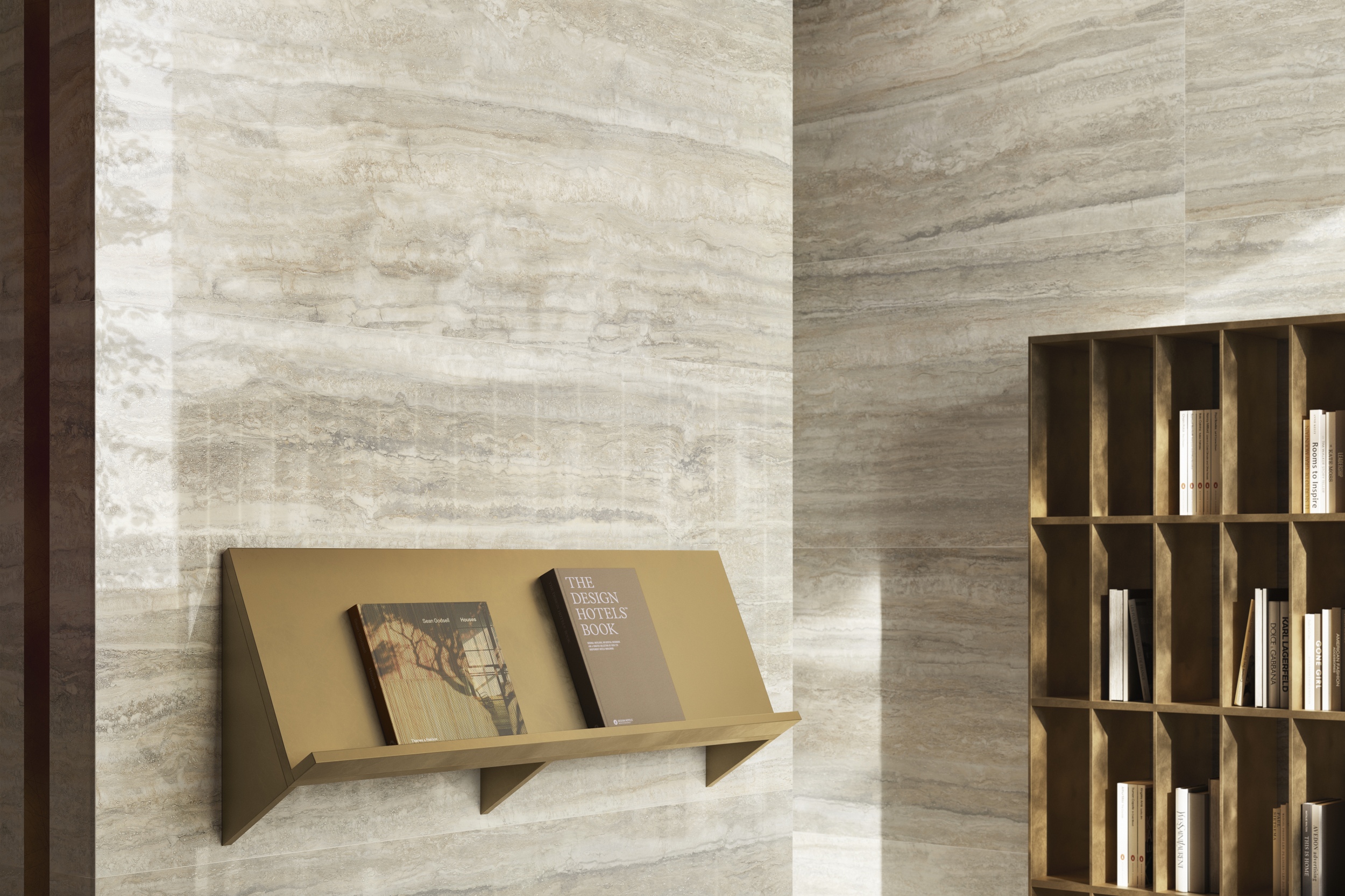 Fliese Travertin-Steinoptik Invictus Beige Kristall glänzend Sant Agostino Ambiente Wandfliesen