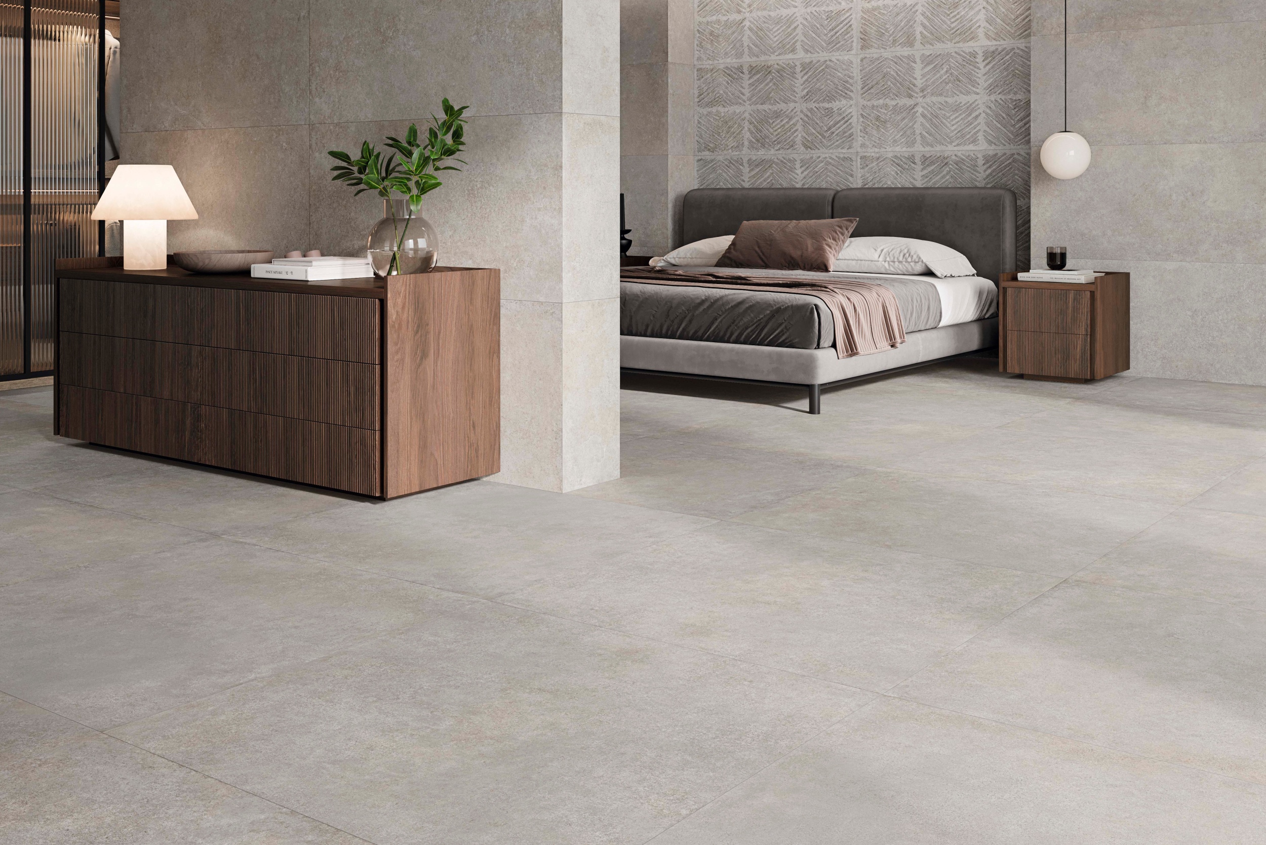 Fliese Betonoptik Ferro Grey matt Bodenfliese Wandfliese helles grau im Schlafzimmer