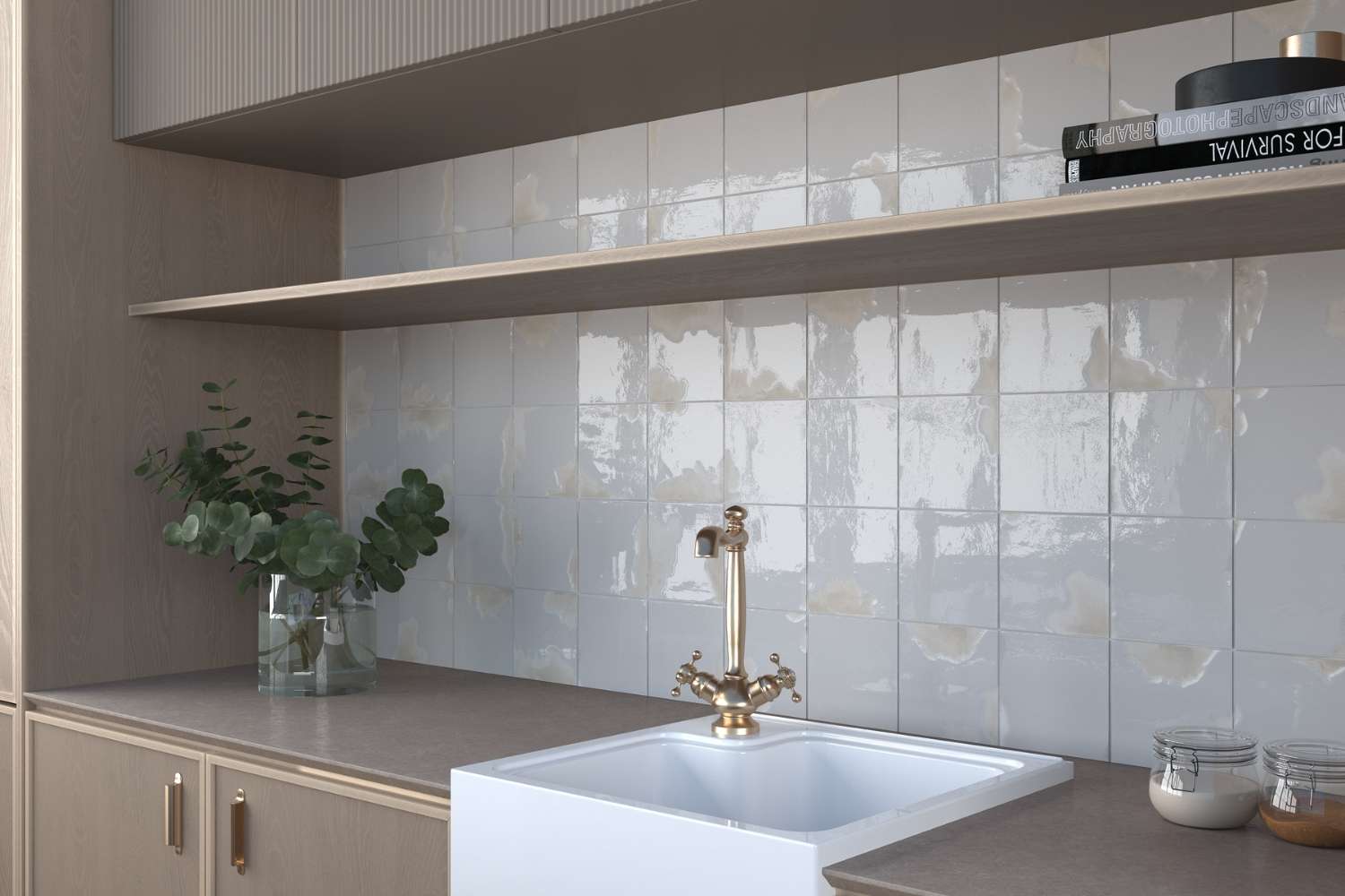 Zellige Wandfliese 11,5x11,5 cm "Laguna Sal" weiß glänzend reaktive Glasur