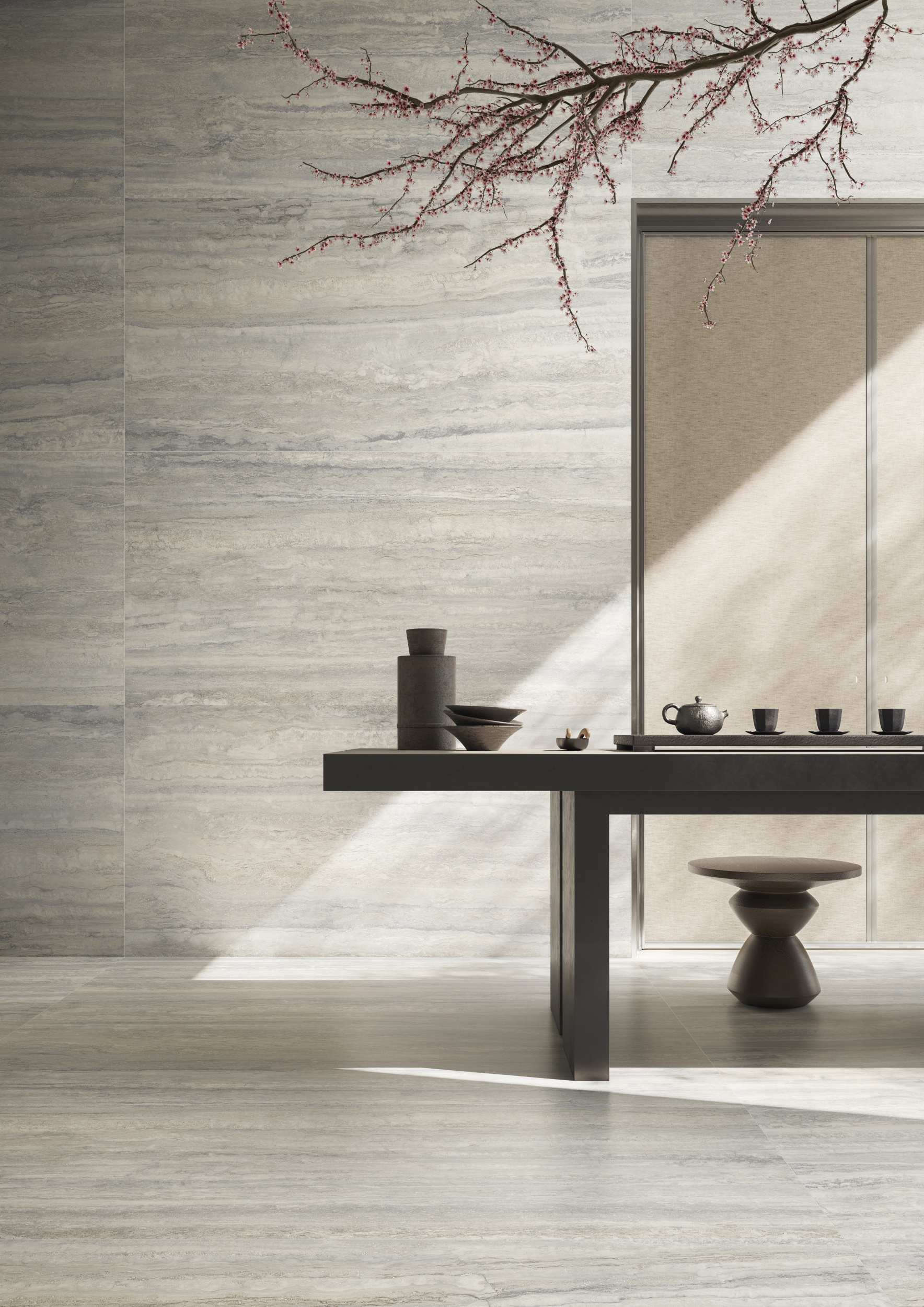 Fliese Travertin-Steinoptik Invictus Pearl hellgrau matt Sant Agostino Ambiente Wandfliesen