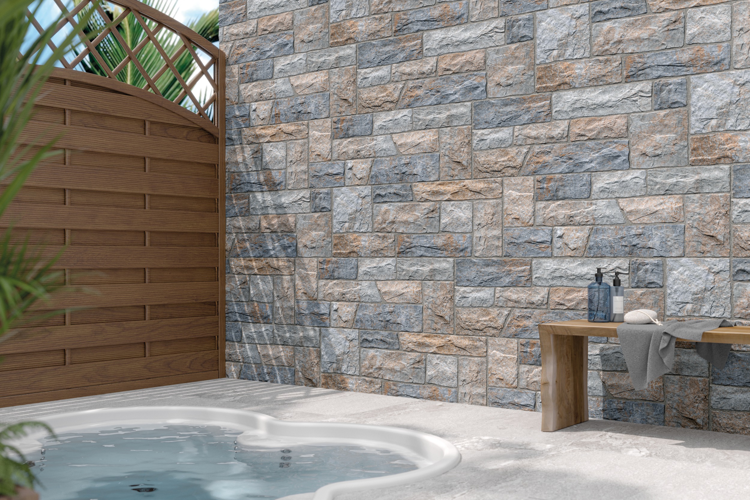 Wandverblender Fliese Natursteinoptik Amazonia Blue 32x89 cm Wandverblendung an Hauswand Außenwand