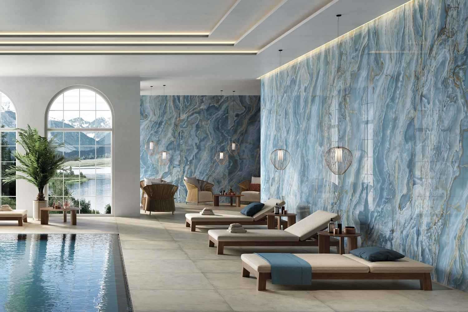 Fliese Achat-Marmoroptik blau "Onice Iride Cobalto" glänzend