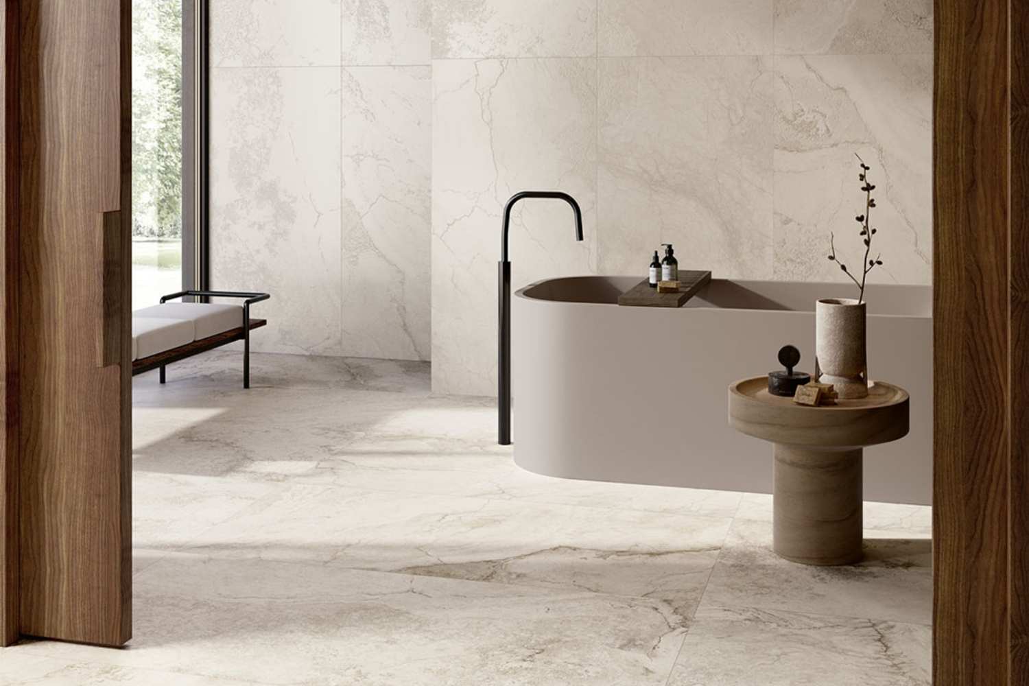 Fliese Naturstein-Optik weiß seidenmatt "Touch Stone White" COEM Rektifiziertes Feinsteinzeug