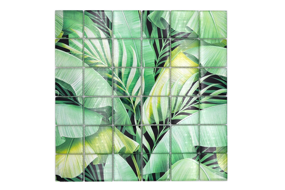 Mosaikfliesen Regenwald-Motiv grün "Crystal Rain Foerst" 29,8x29,8 cm glänzend