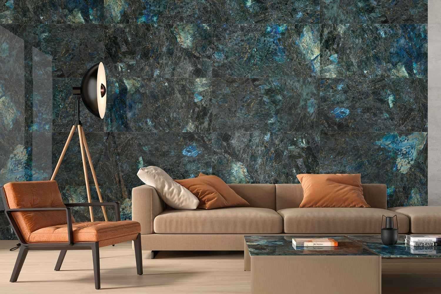 Fliese Marmoroptik blau marmoriert glänzend poliert "Labradorite Blue" Edelstein-Optik  rektifiziert