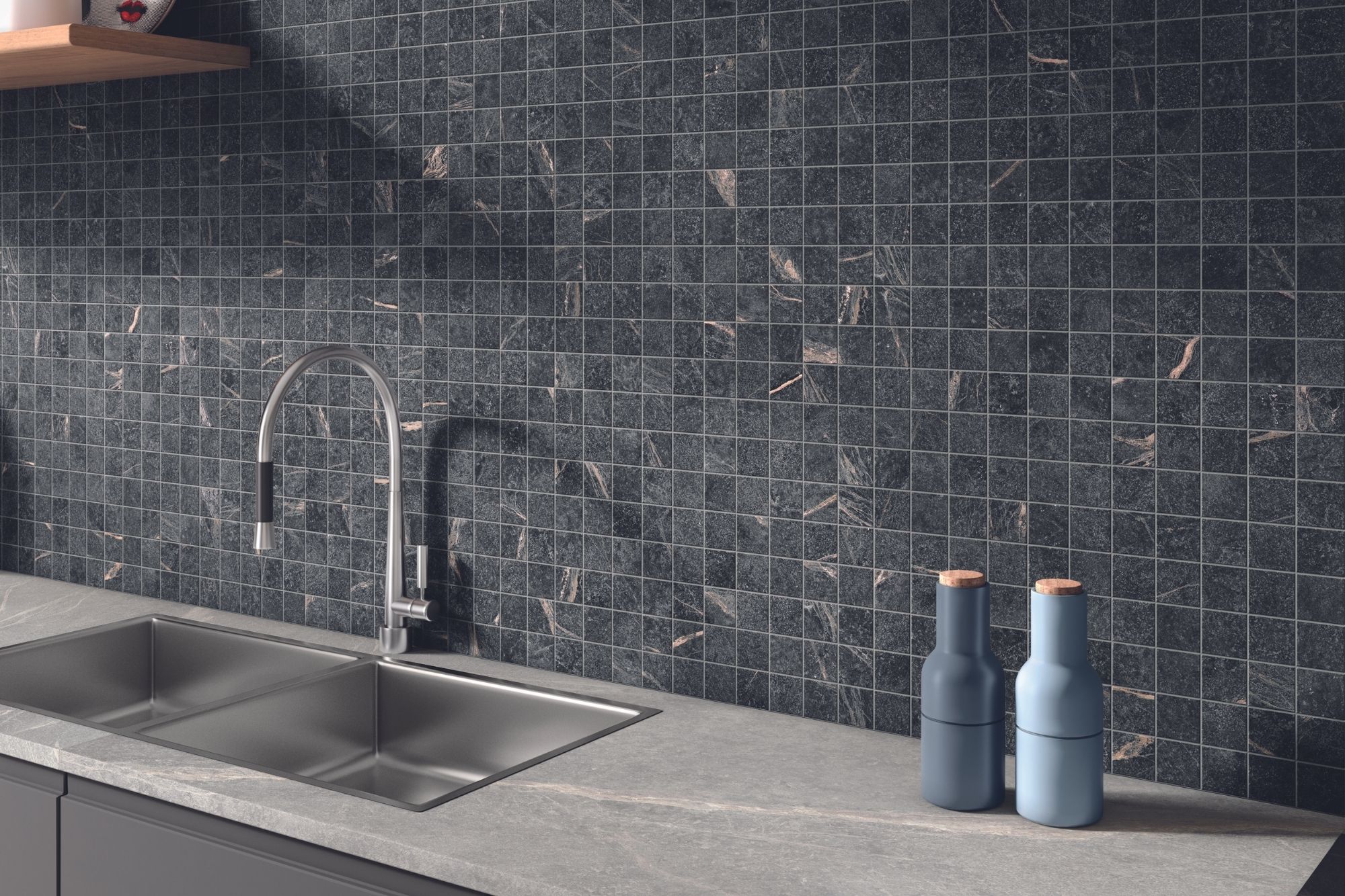 Mosaikfliesen Speckstein-Optik schwarz matt Soap Stone Black Cercom