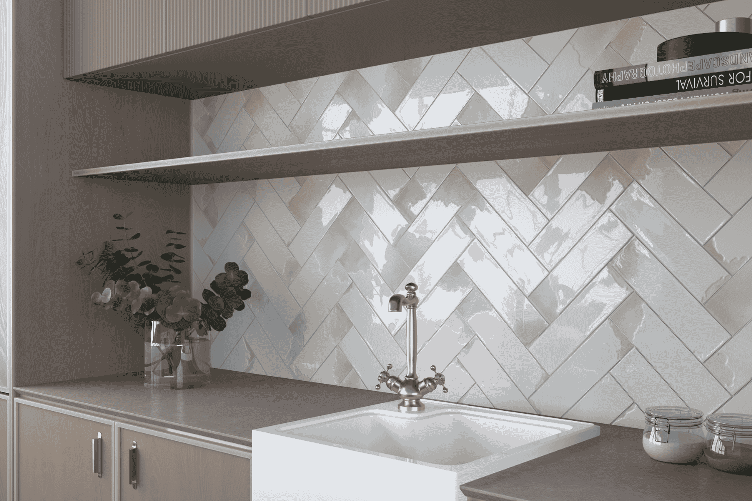 Fliese unregelmäßig Oberfläche 6,4x22,3 cm "Laguna Sal" weiß glänzend reaktive Glasur