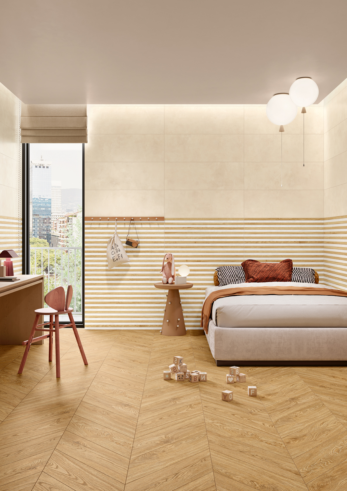 Wandfiese Zementoptik Spotlight Uni Cream 35x100 cm Betonoptik creme elfenbein im Schlafzimmer