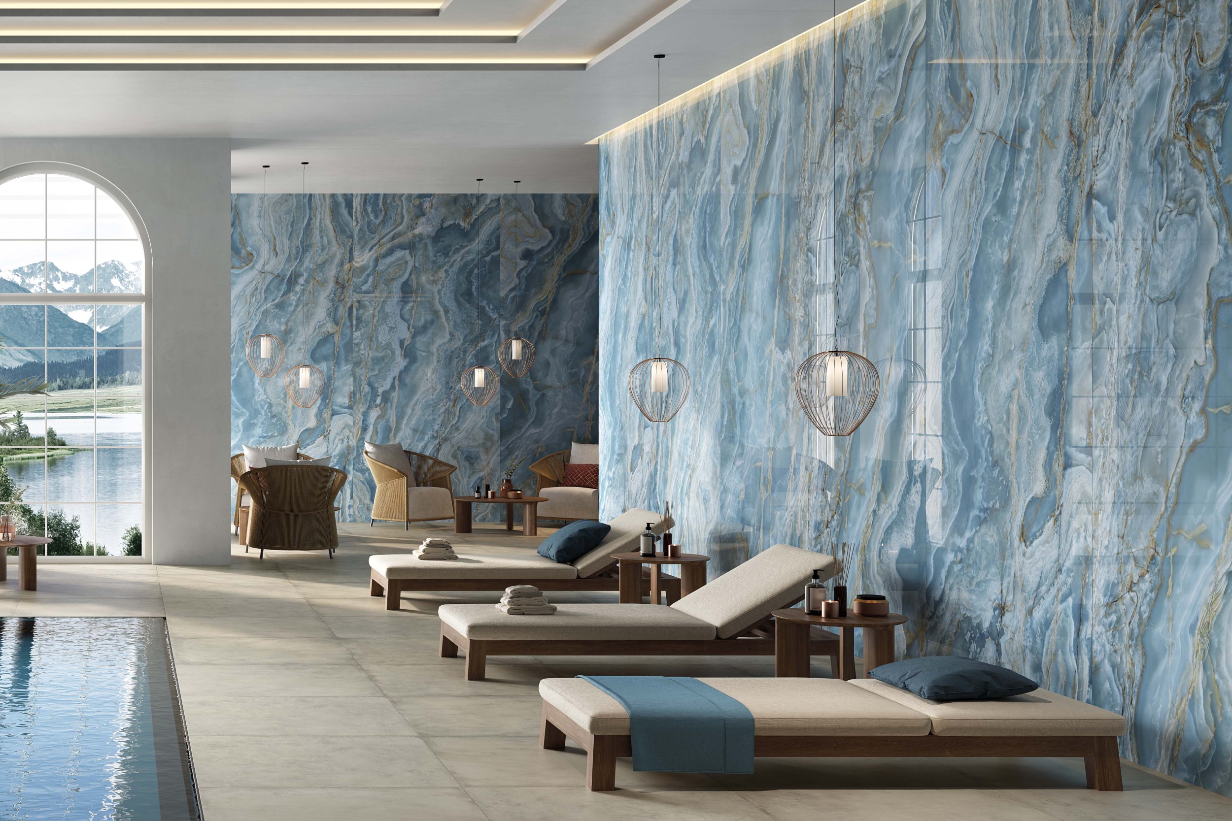 XXL-Fliese Marmoroptik Onice Iride Cobalto 120x280 cm türkis blau Großformat-Fliese La Fabbrica