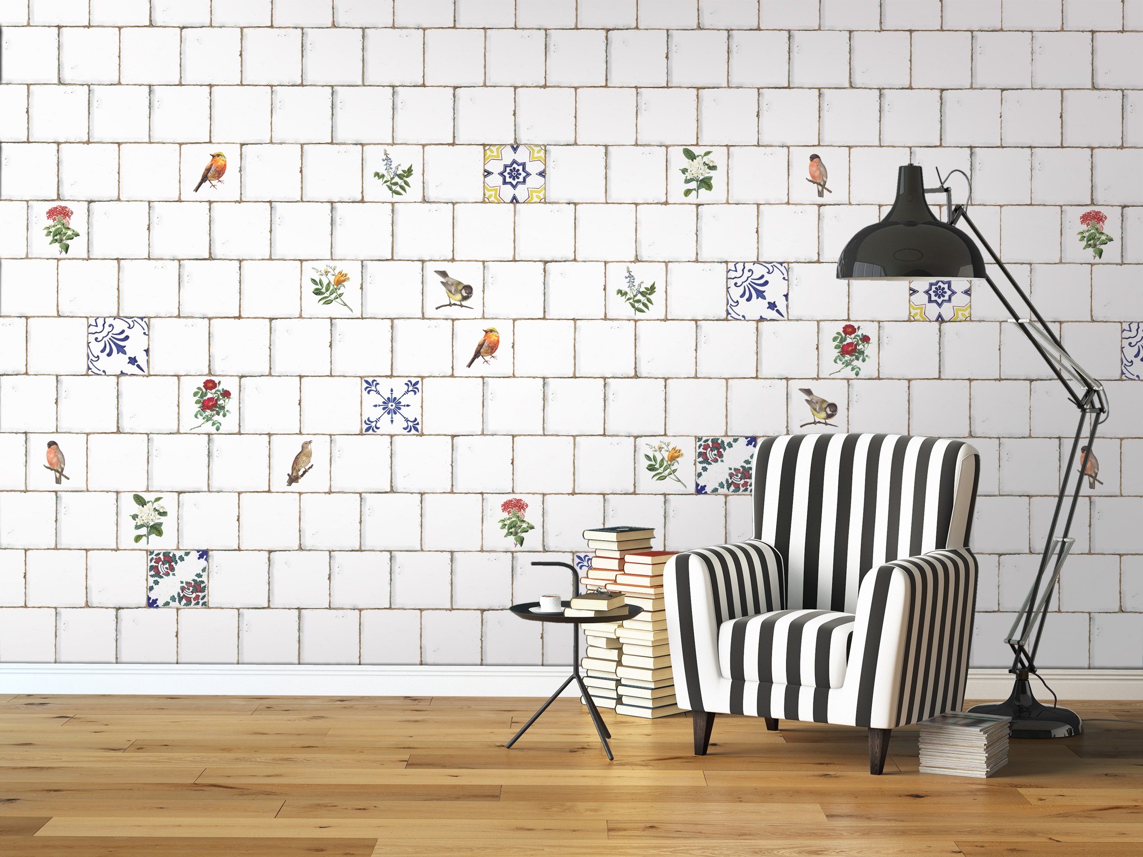 Antike Wandfliese Retro-Dekor mit Blumen & Blüten Forli Blanco Shaby Landhaus-Fliese weiß