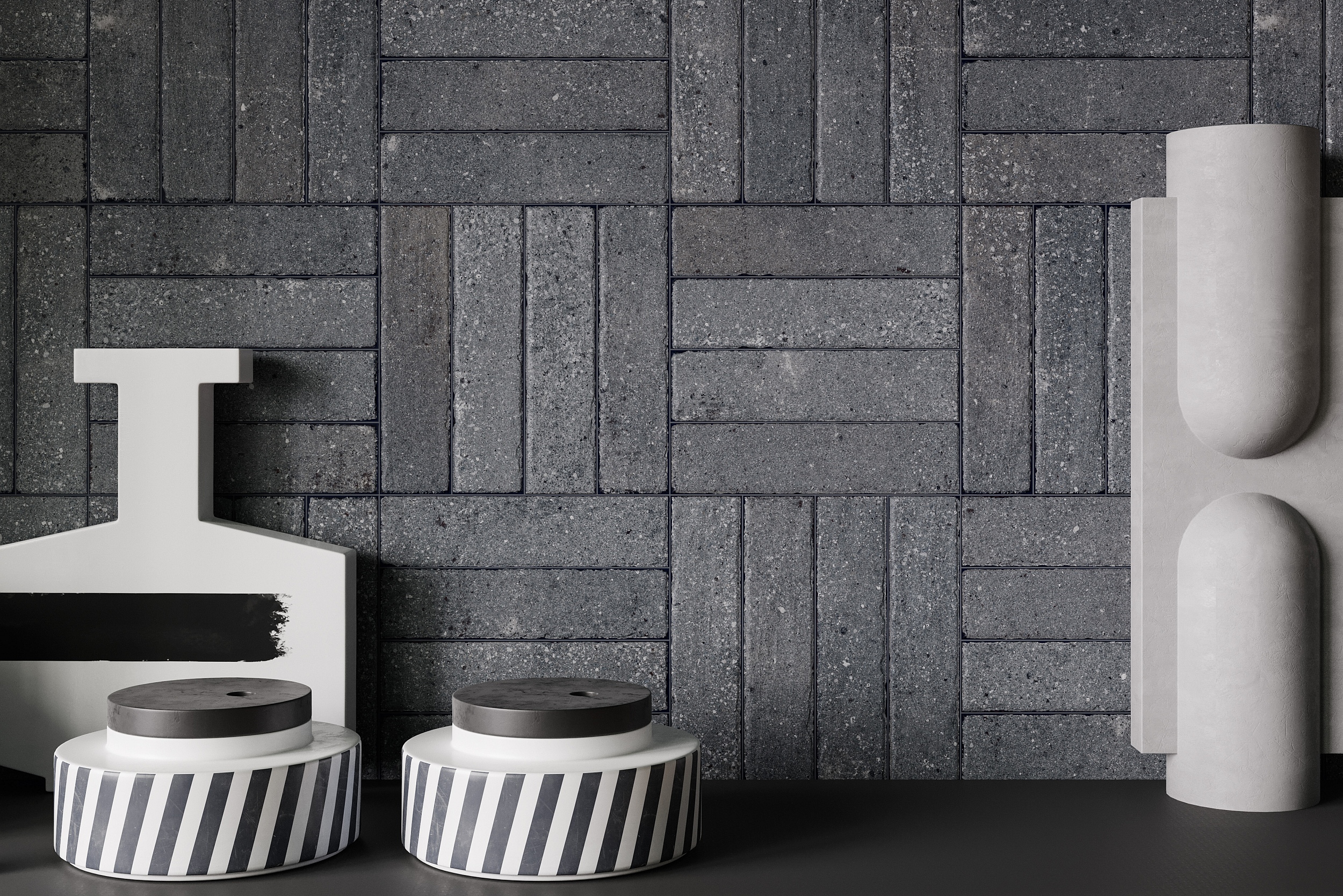 Fliese glasiert unregelmäßige Oberfläche "Tetris Block Dark" dunkelgrau matt 5x20 cm