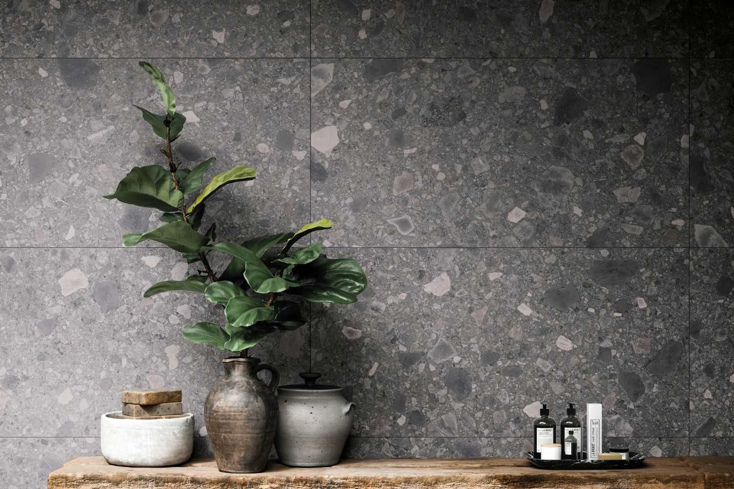 Fliese Terrazzo-Optik dunkel-grau kalibriert "Orobica Antracite"