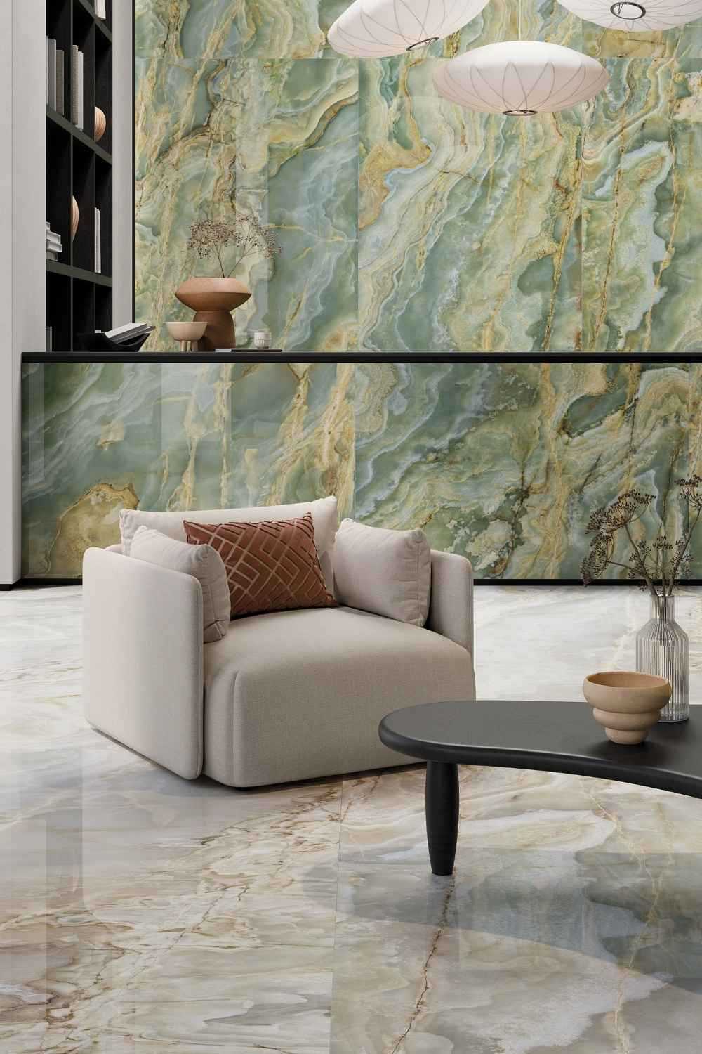 Fliese Achat-Marmoroptik hellgrün "Onice Iride Giada" grün glänzend