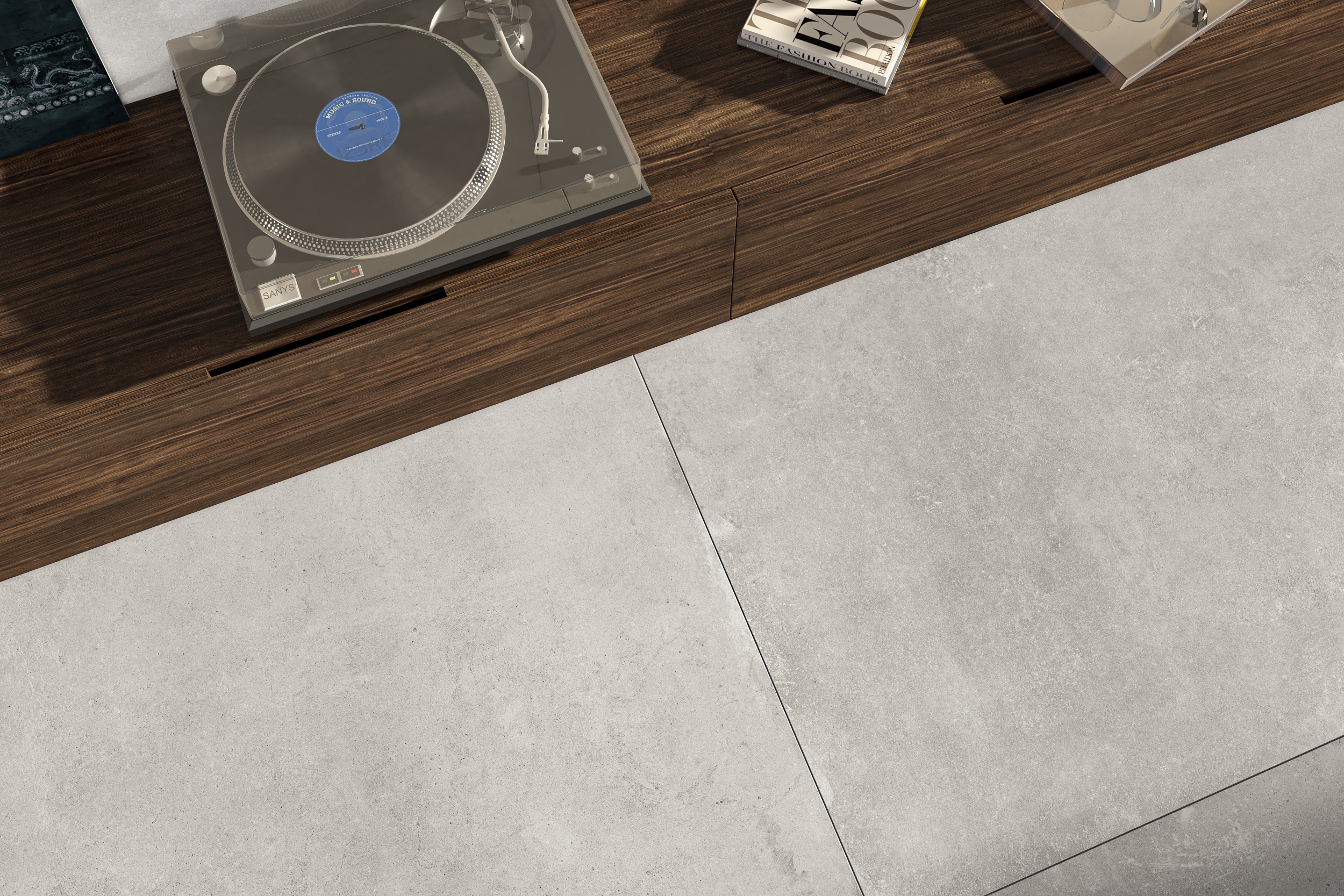 Bodenfliese mit Betonoptik Zementoptik Cloud White weiß hellgrau im Wohnzimmer