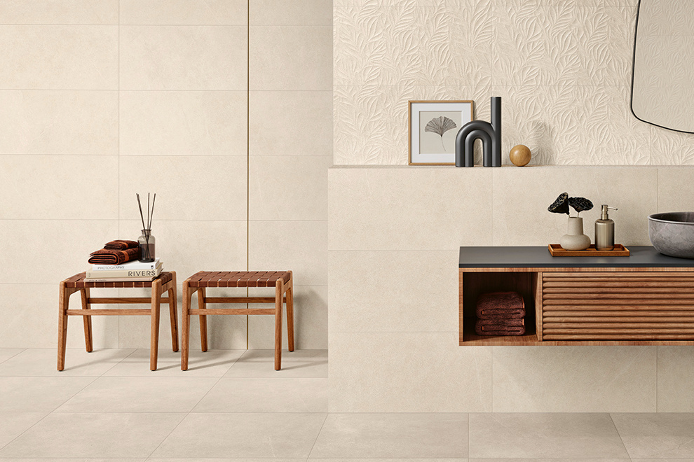 Wandfliese Steinoptik beige Sense Beige im Bad