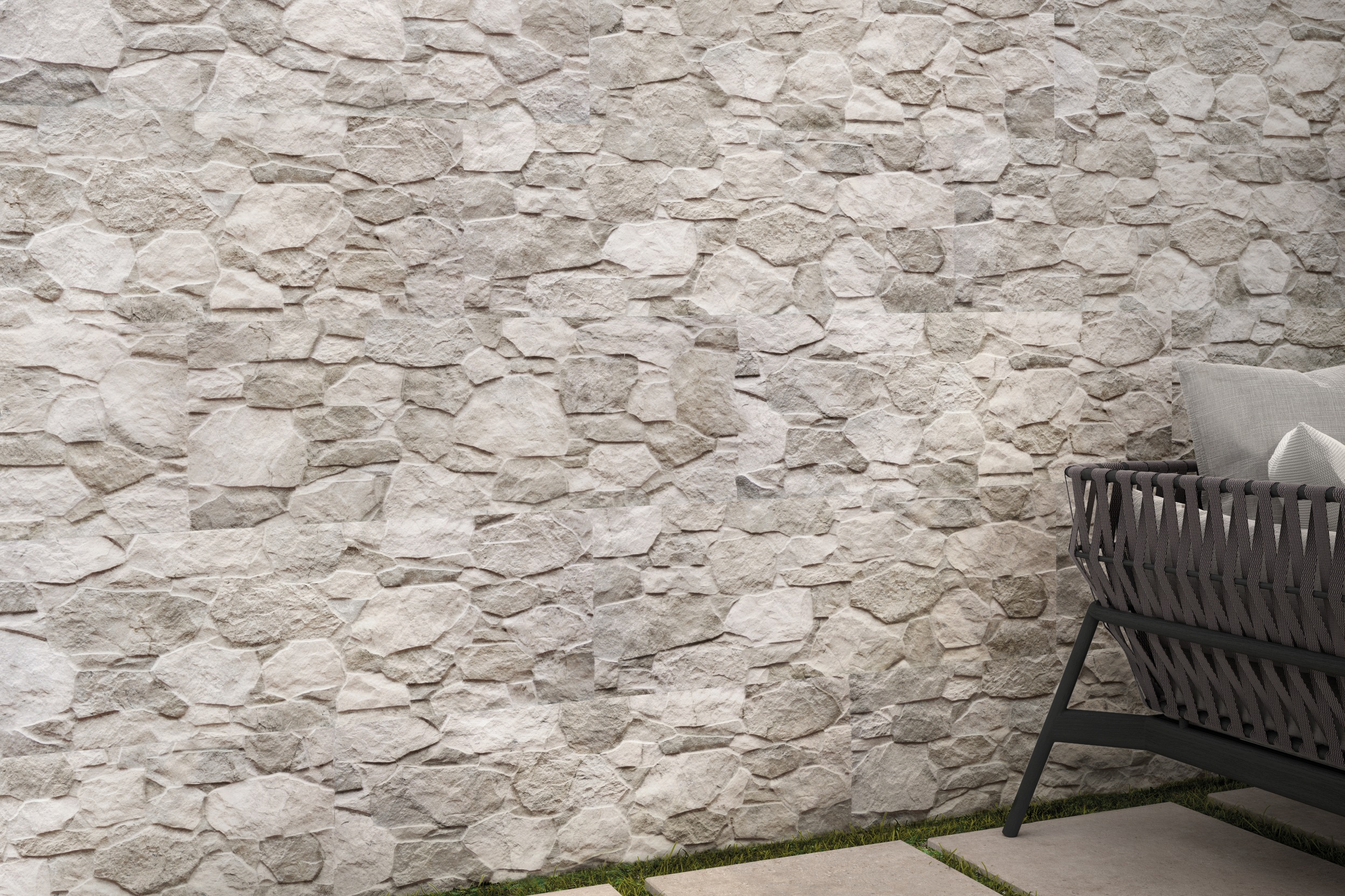 Verblender Fliese Bruchsteinoptik Terranova Sand 32x89 cm Wandverkleidung Sandstein-Optik beige an Fassade