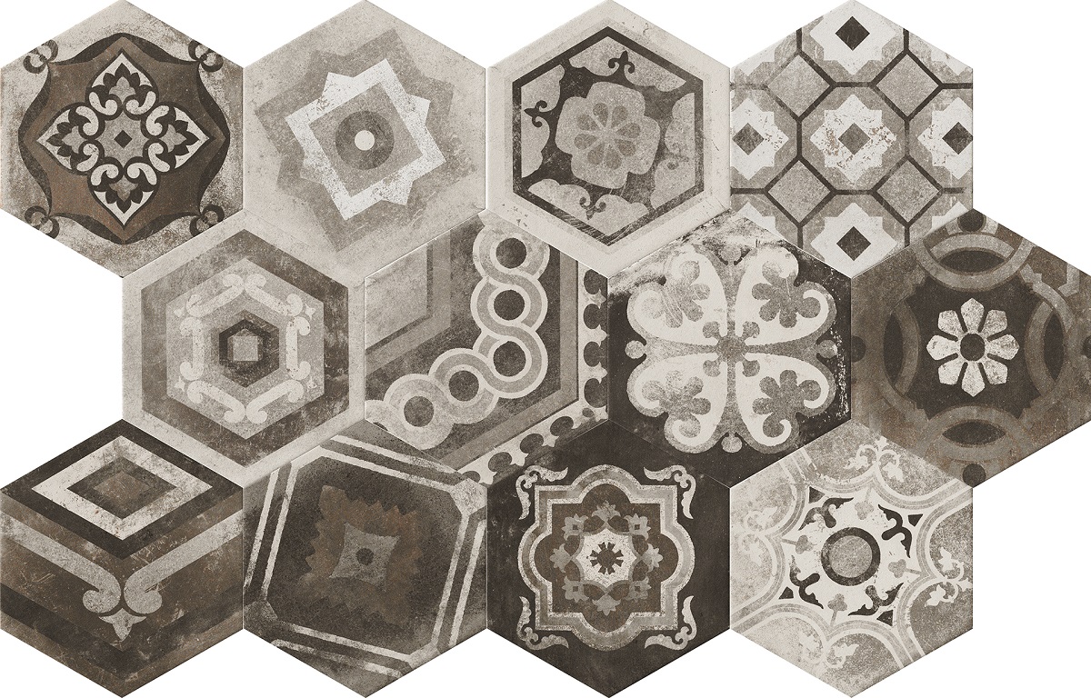 Hexagon Fliese Retro-Dekor Vintage 24x27,7 cm "Miami Mix" Sechseck rustikal CIR | 27 zufällige Dekore