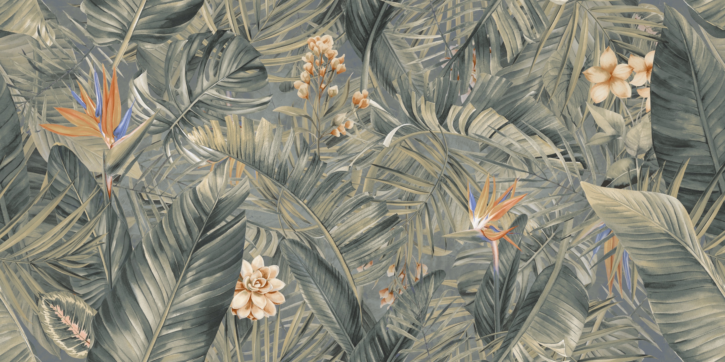 Wandfliese Fantasy Paradise 60x120 cm Monstera Strelizie Palmen Blätter Pflanzen tropisch Dschungel grün