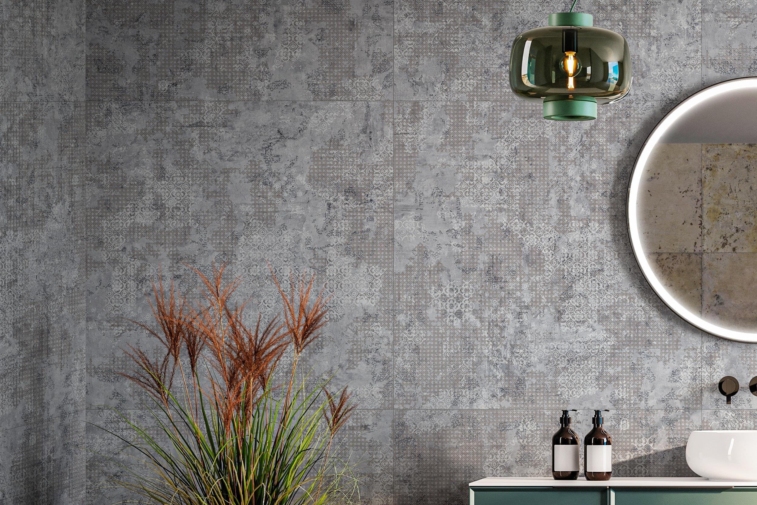 Aparici Wandfliese Teppichoptik Rug Grey im Wohnzimmer Fliese Vintageoptik grau