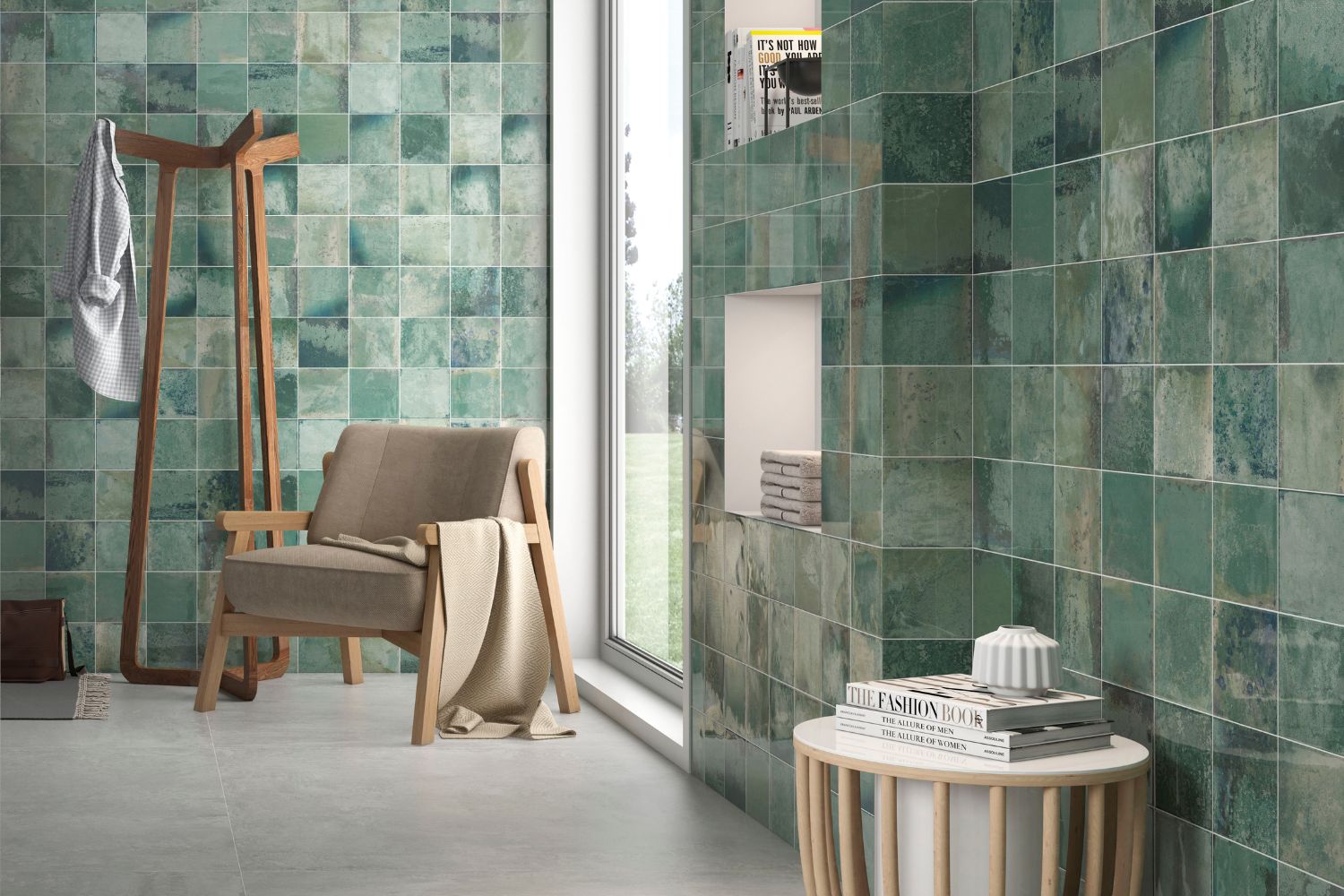 Wandfliese Vintage grün glänzend glasiert gewellt 30x60 cm "Provence Mint"