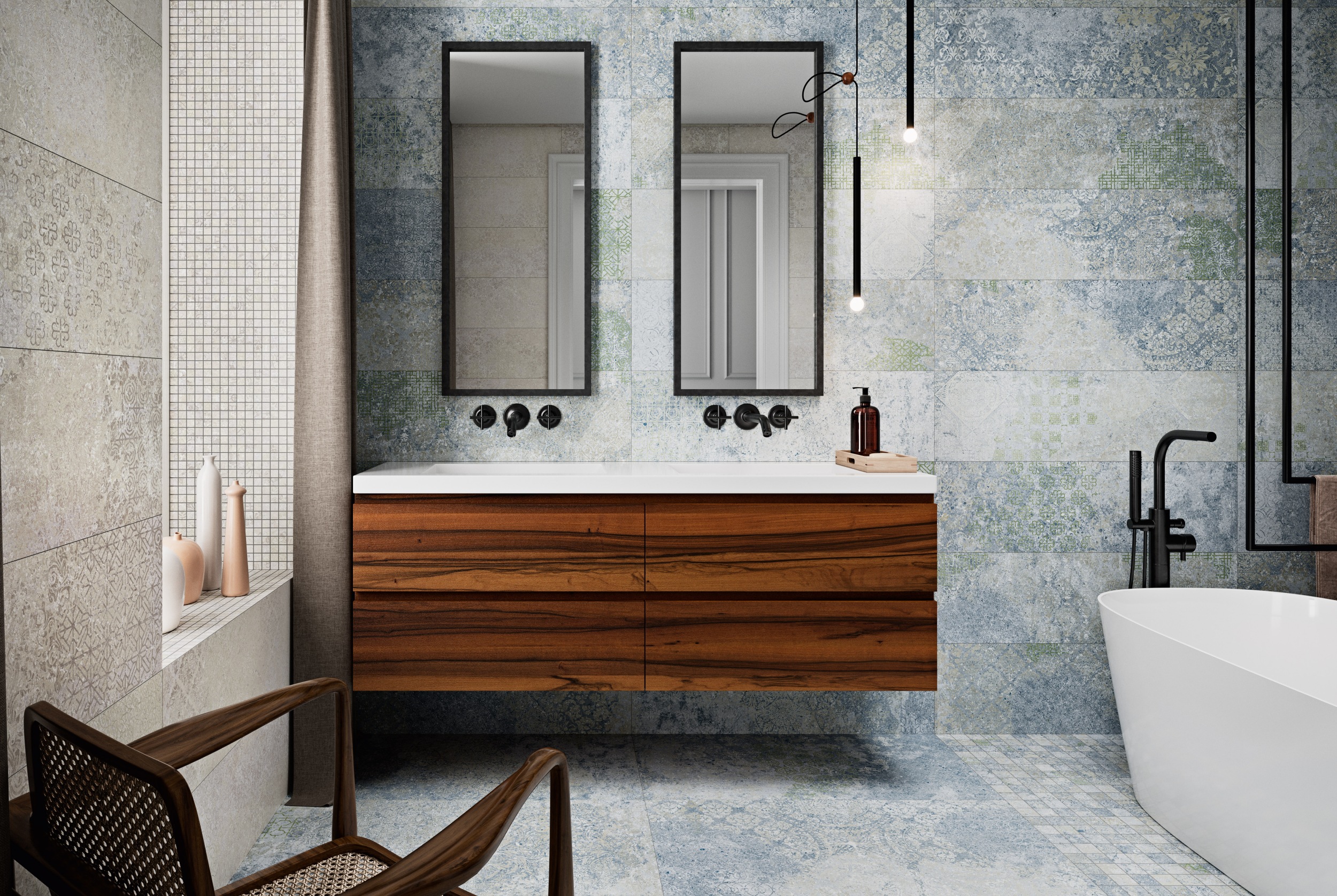 Aparici Fliese Teppichoptik Vintageoptik Bohemian Blue Bodenfliese Wandfliese blau Ambiente Bad