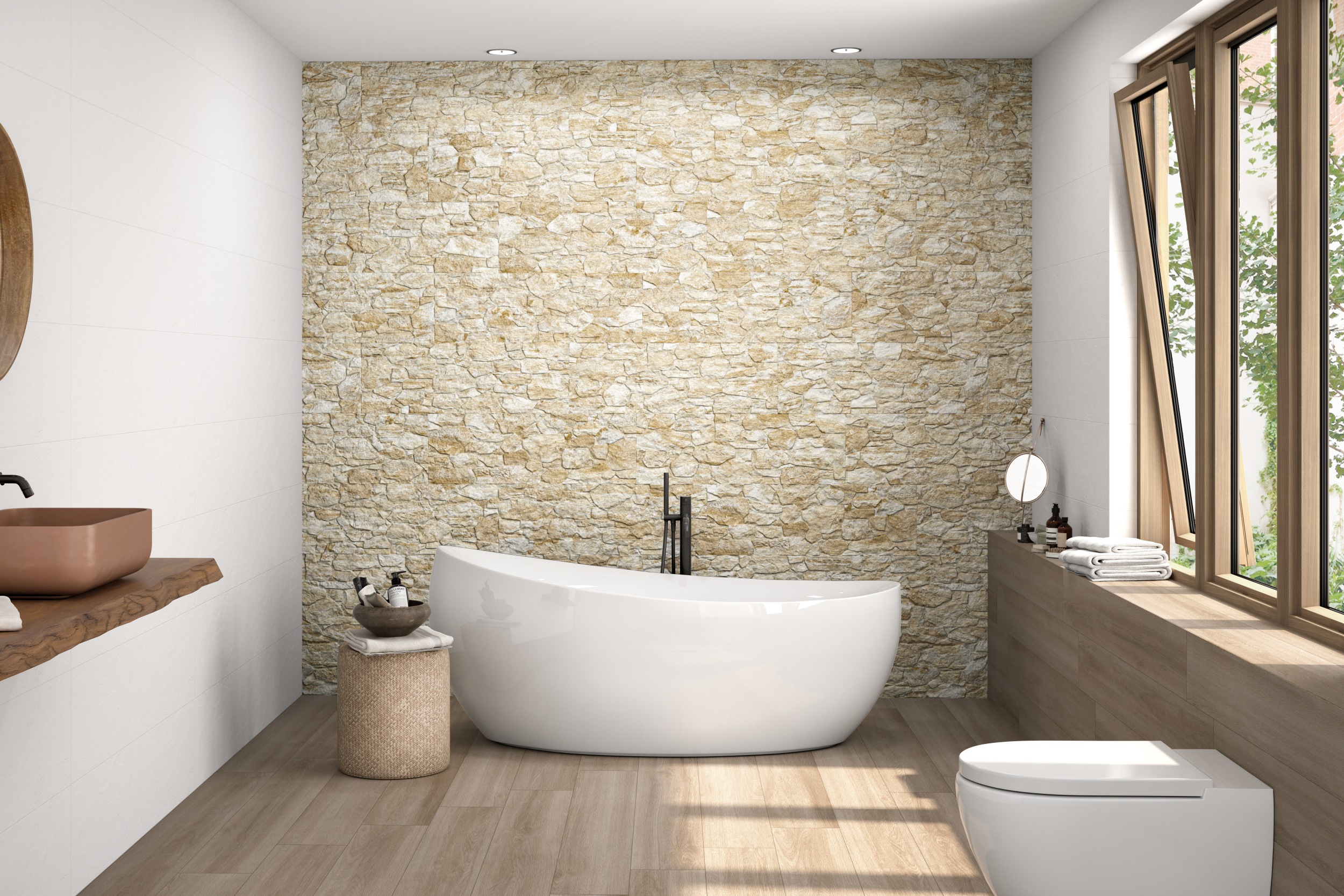 Verblender Fliese Bruchsteinoptik Aitana sand 32x89 cm Wandverblender im Bad