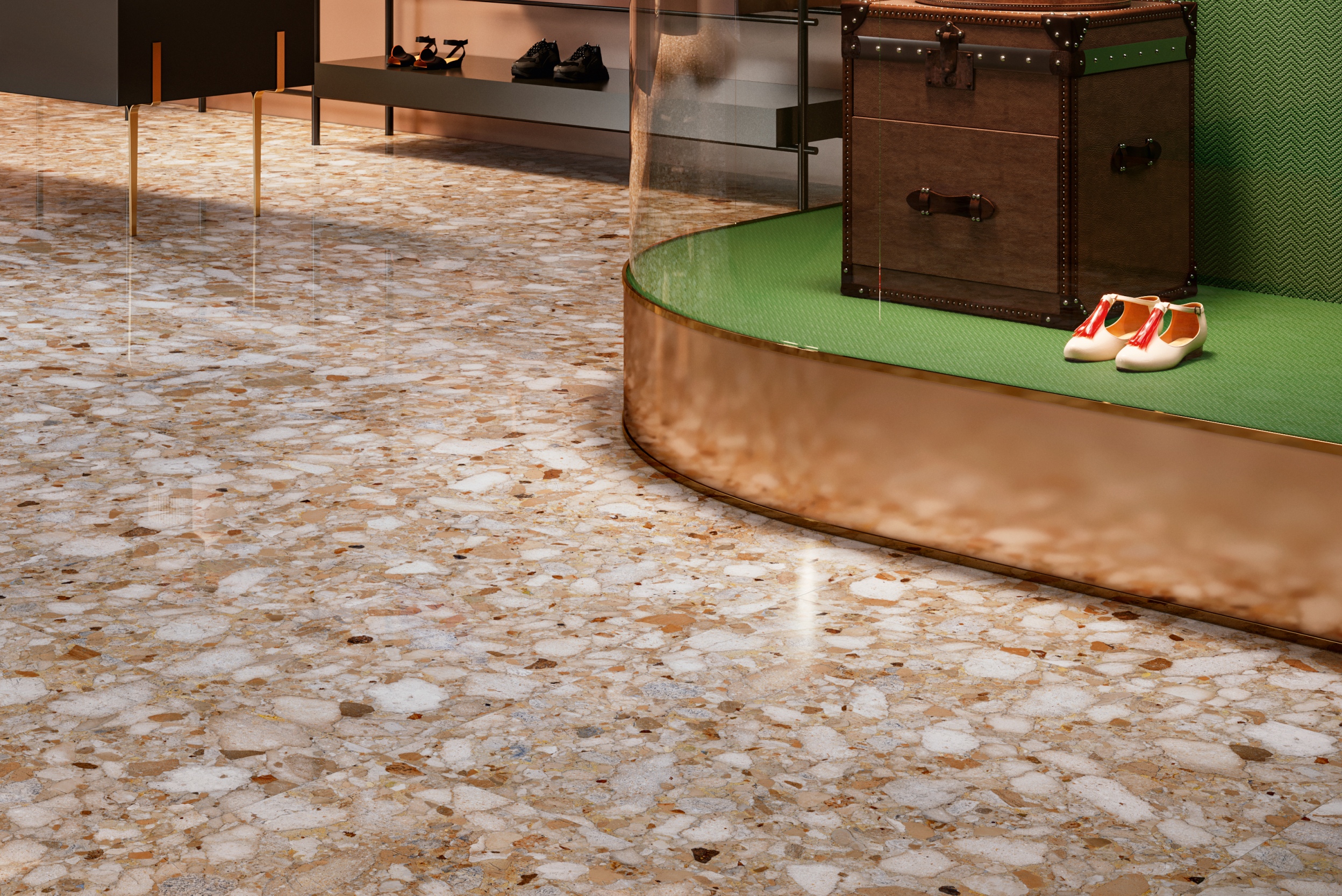 Terrazzo-Fliese große Steinoptik Veni Gold beige matt Bodenfliesen Wandfliesen Luxus