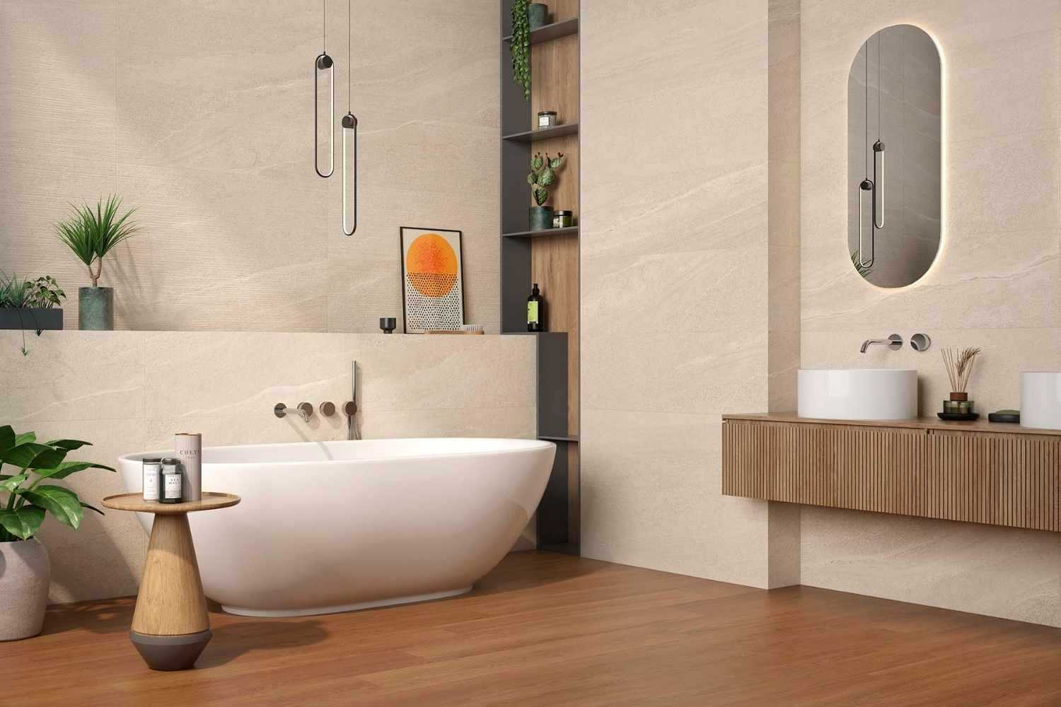 Wandfliese Sandstein-Optik beige 33,3 x 100 cm "Eddystone Arena" Feinsteinzeug rektifiziert