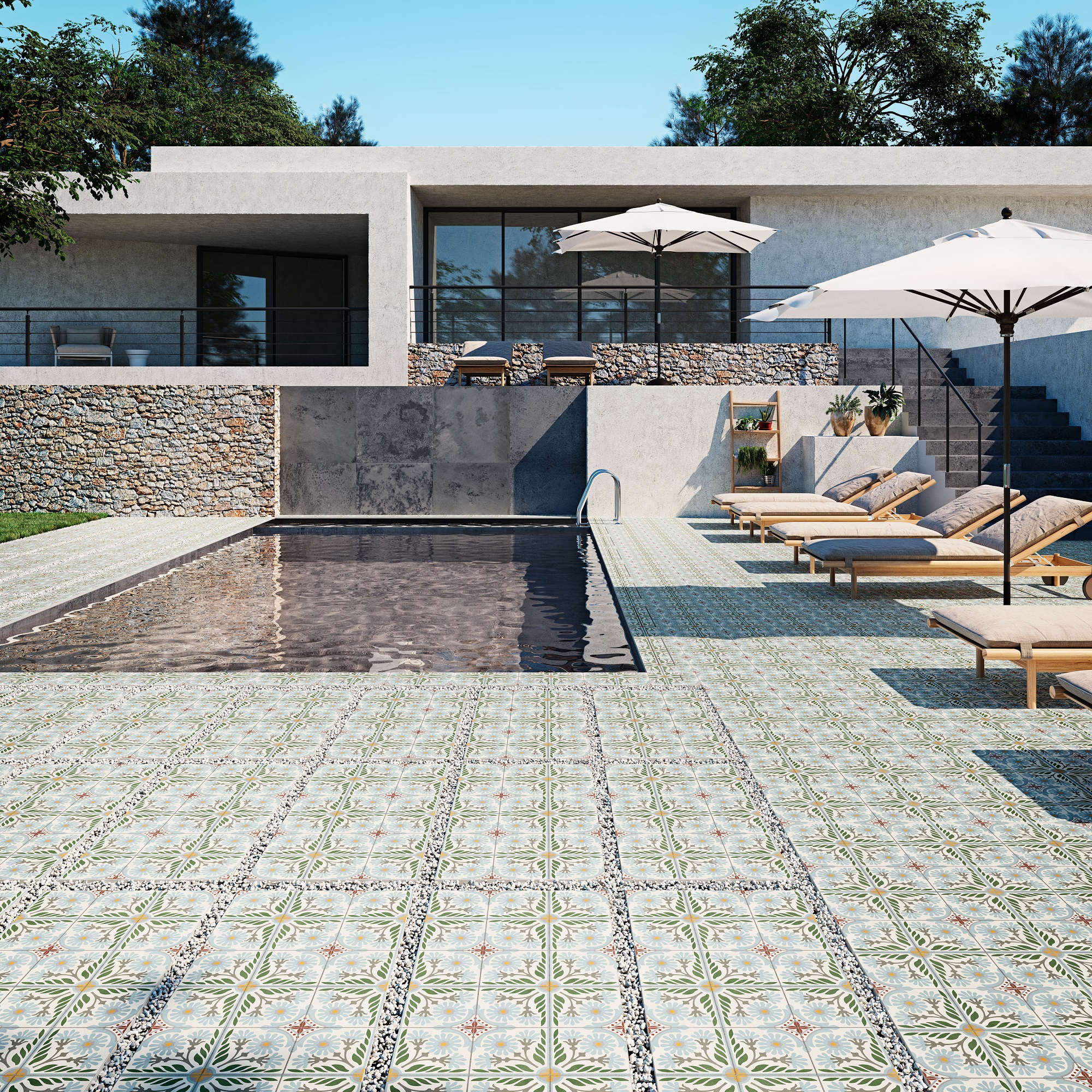 Terrassenplatte Feinsteinzeug Terrassenfliese Patchwork Retro Dekor Olive Altea Olivo Aparici