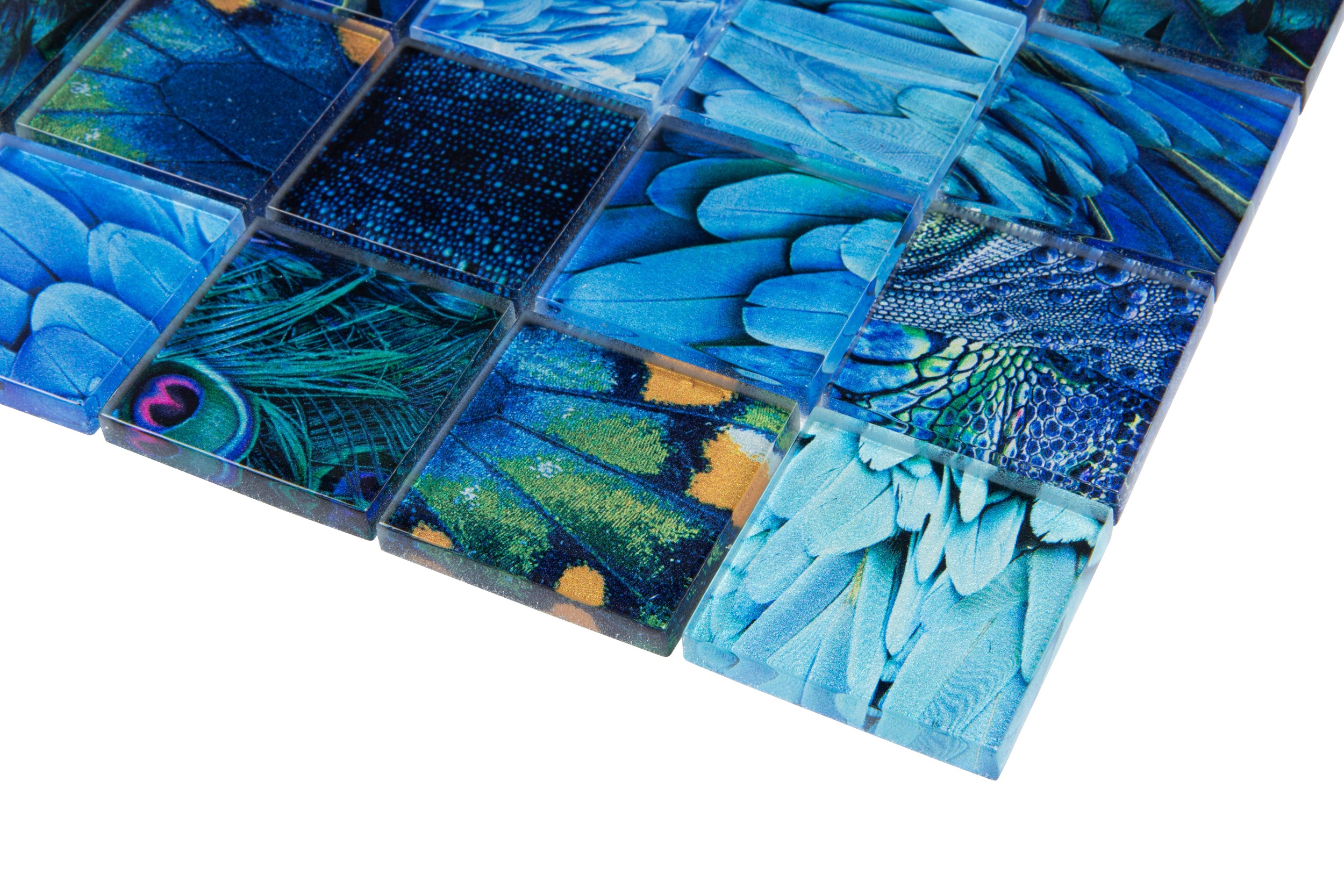 Glasmosaik Mosaikfliese Tiere Federn Crystal Blue Wildlife Vögel Pfau blau lila