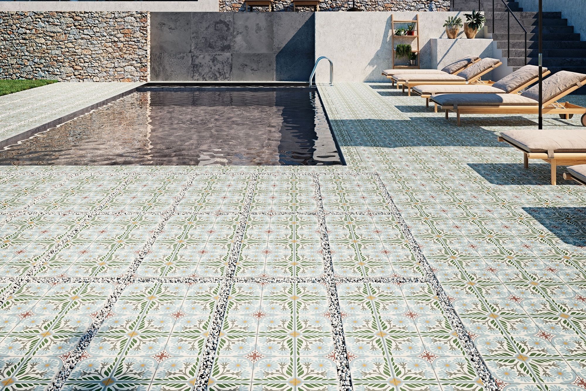 Terrassenplatte Feinsteinzeug Terrassenfliese Patchwork Retro Dekor Olive Altea Olivo Aparici