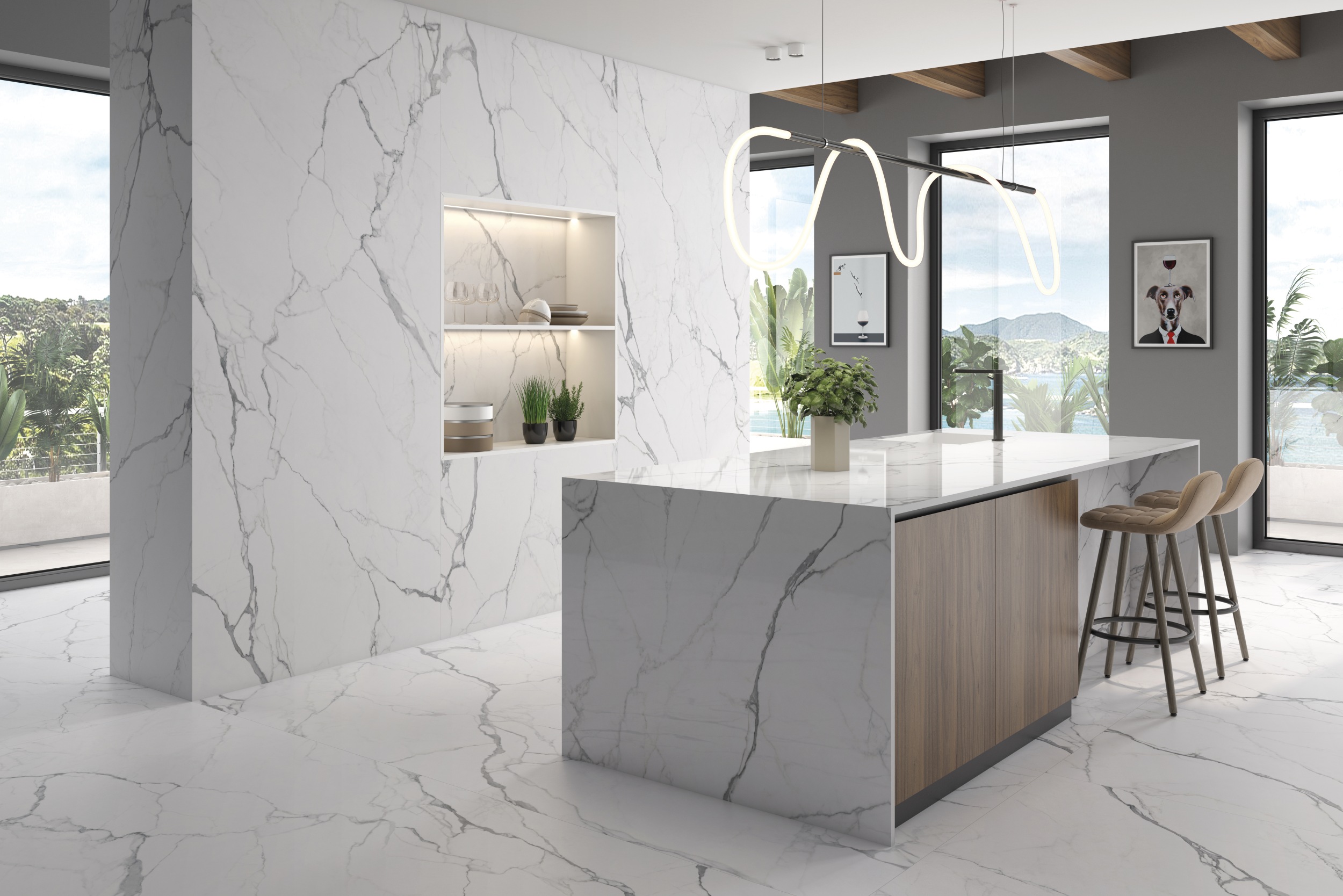 XXL-Fliese Marmoroptik weiß grau Artemisa Blanco poliert glänzend Bodenfliese Wandfliese Großformat in Küche