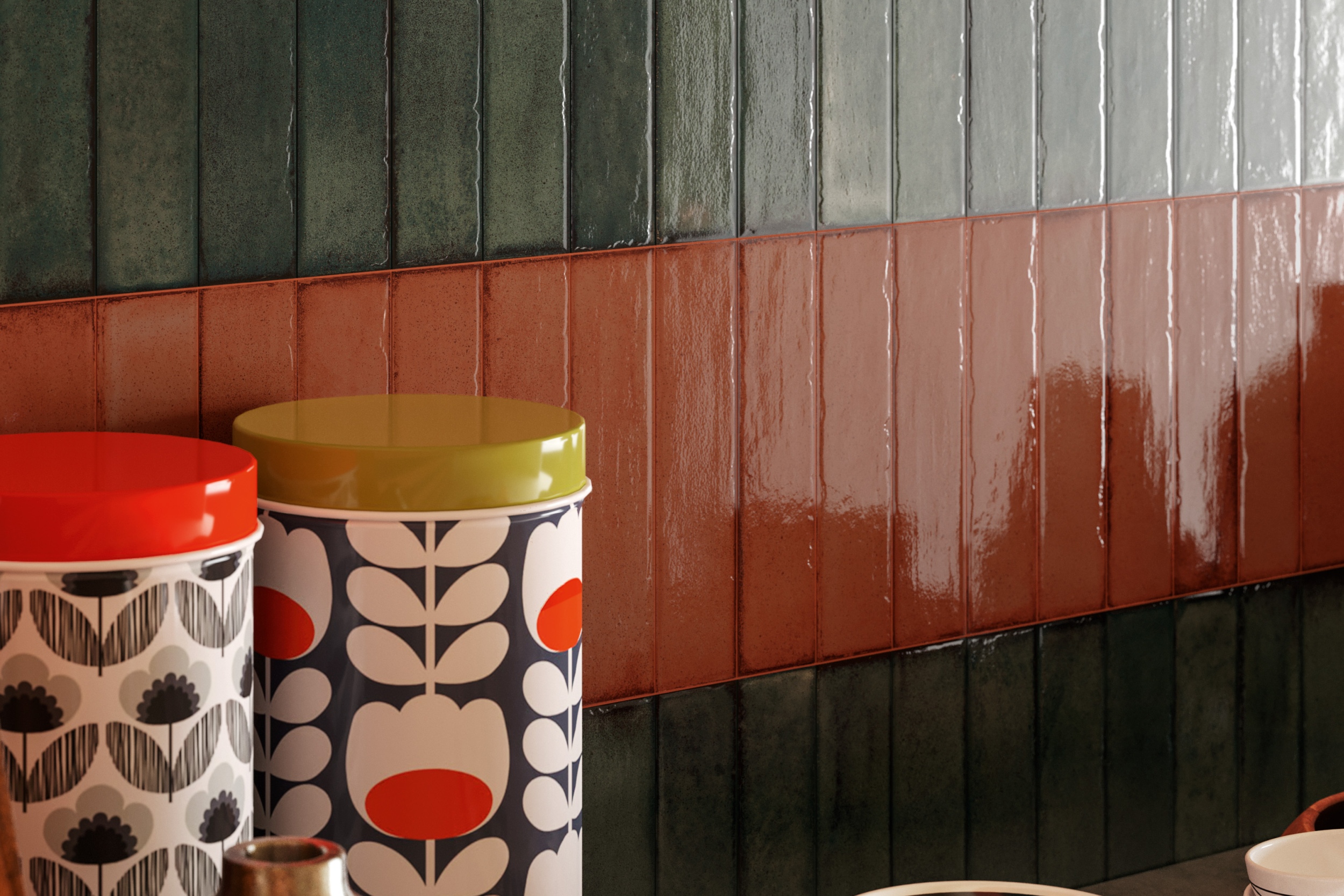 Fliese glasiert unregelmäßige Oberfläche "Tetris Coral" orange glänzend 5x20 cm