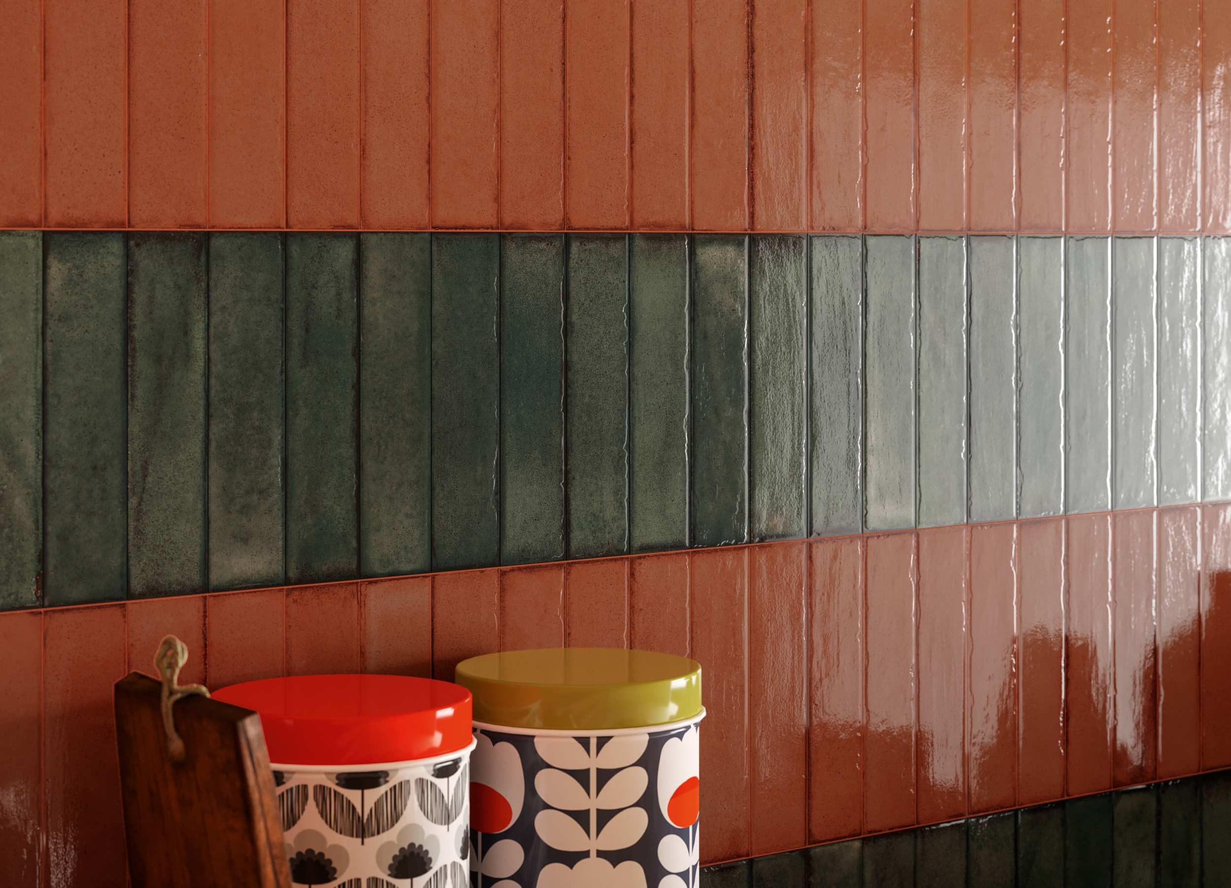 Fliese glasiert unregelmäßige Oberfläche "Tetris Coral" orange glänzend 5x20 cm