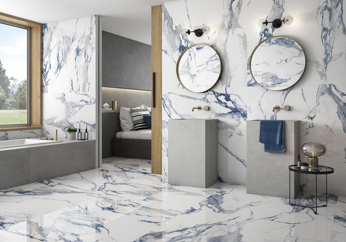 Fliese blau marmoriert Paonazzetto-Marmor-Optik poliert kalibriert Crash Blue