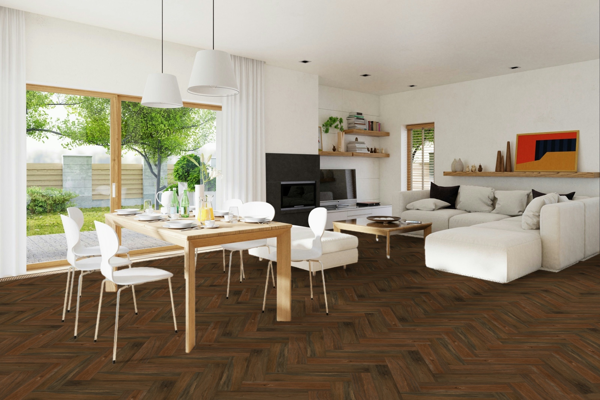 Fliese Eiche-Holzoptik Fischgrät 10x40 cm I Lecci Verniciato Herringbone dunkelbraun Ambiente Wohnzimmer