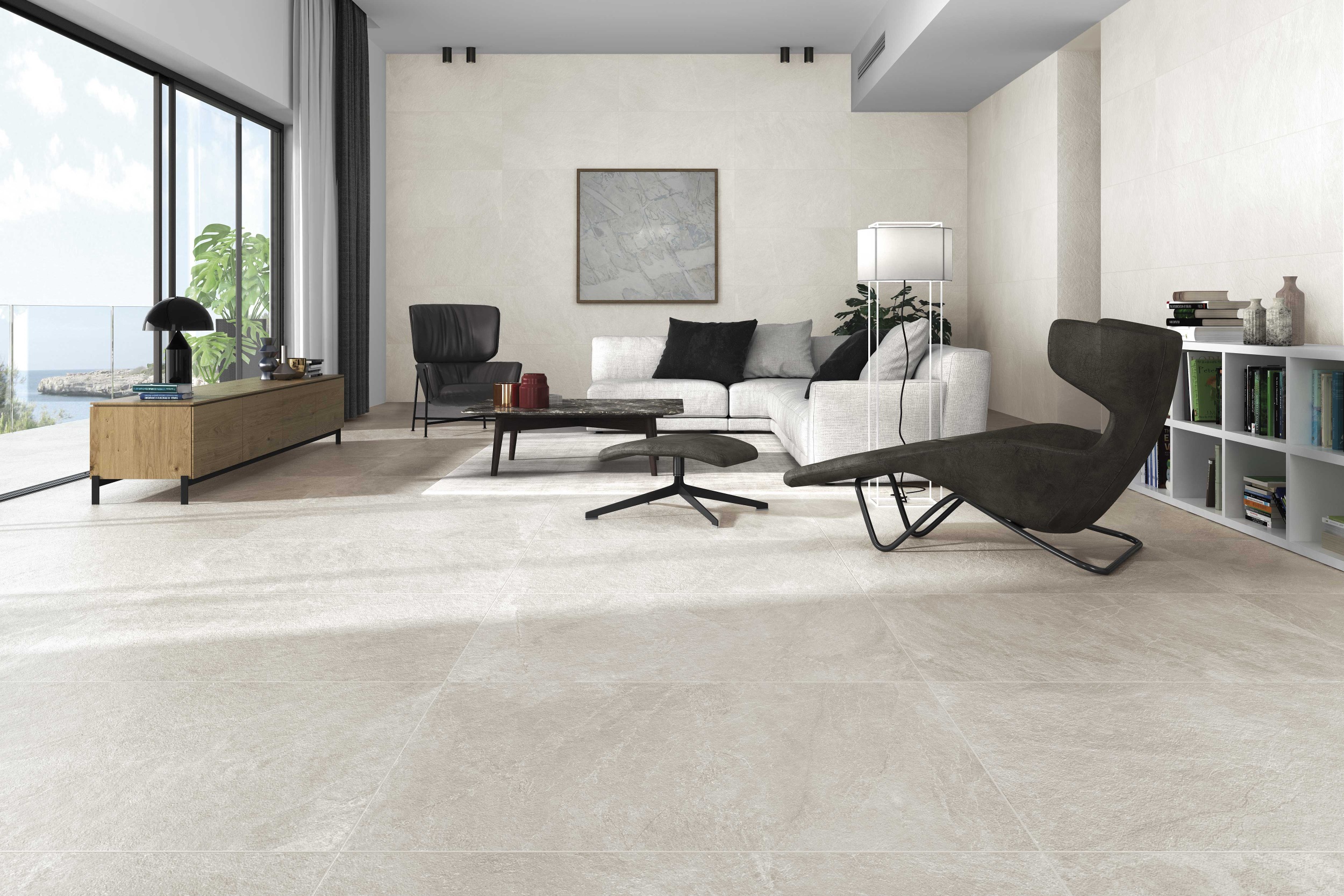 Fliese Schieferoptik Steinoptik Slaterock Bone Bodenfliesen Wandfliesen creme beige im Wohnzimmer